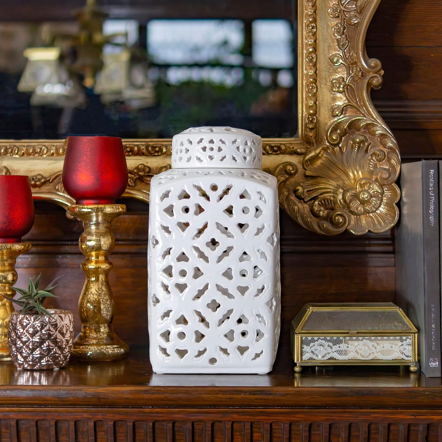 12" White Carved Square Ginger Jar