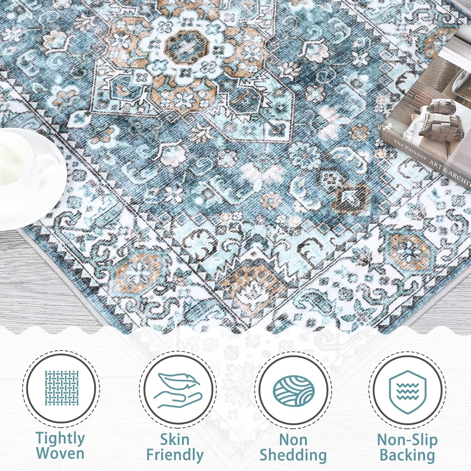 Garvee 9x12 Area Rug Large Vintage Distressed Rug Medallion Floral Print Rug Machine Washable Area Rugs for Living Room Bedroom Non-Slip Low Pile Accent Rug, Blue