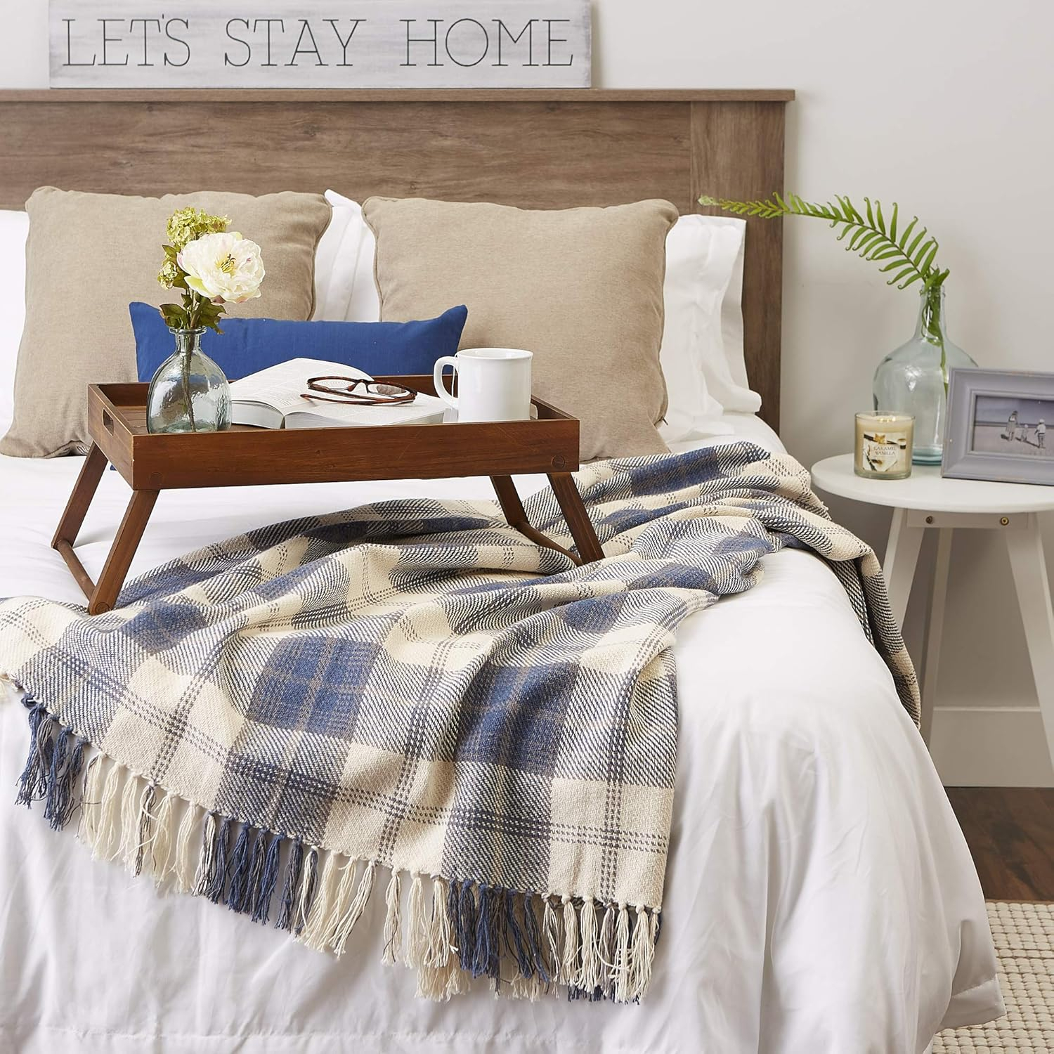 Farmhouse Beige and Blue Cotton Plaid Throw Blanket with Fringe