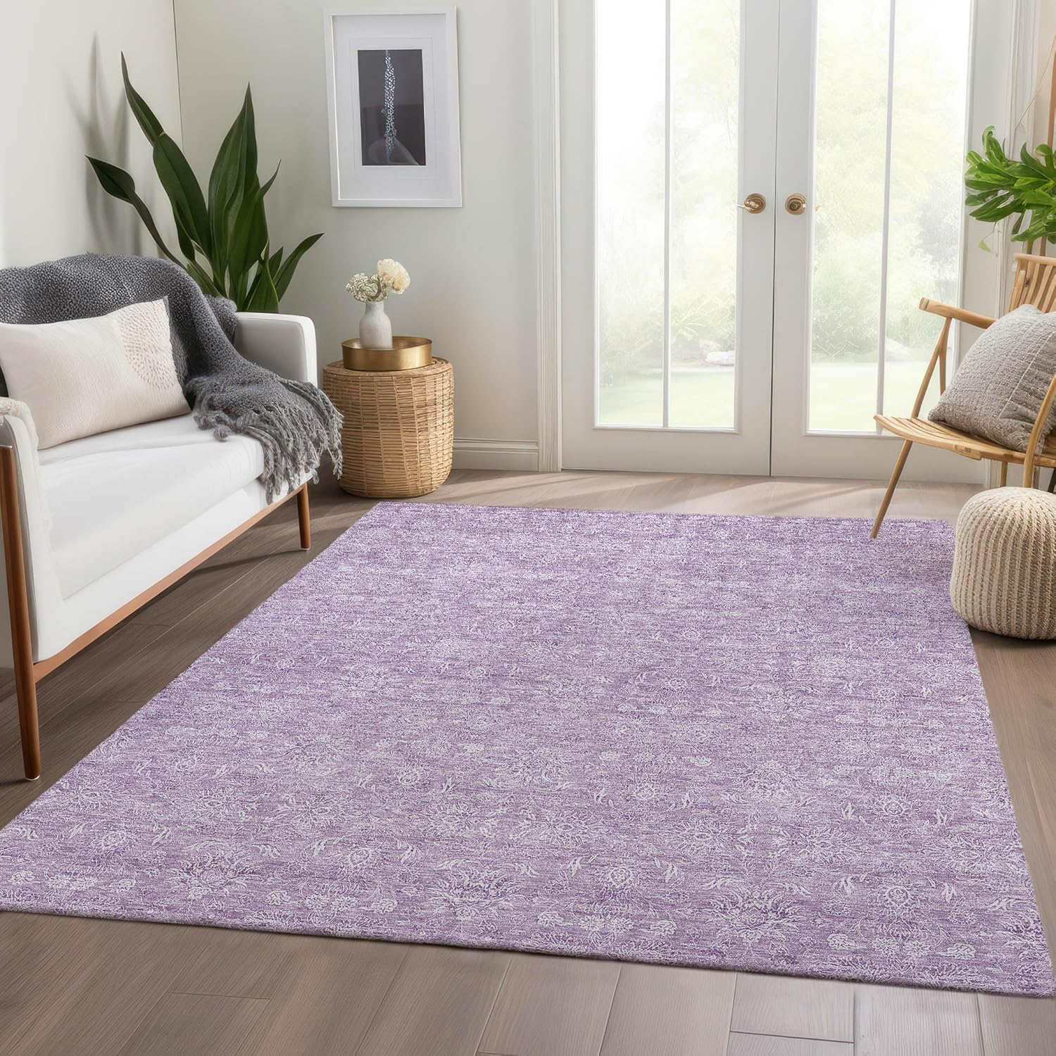 Lavender Synthetic Flat Woven Round Washable Area Rug