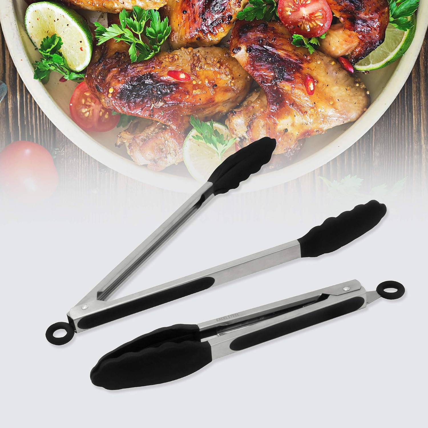ExcelSteel Stainless Steel Tongs, 12", Black