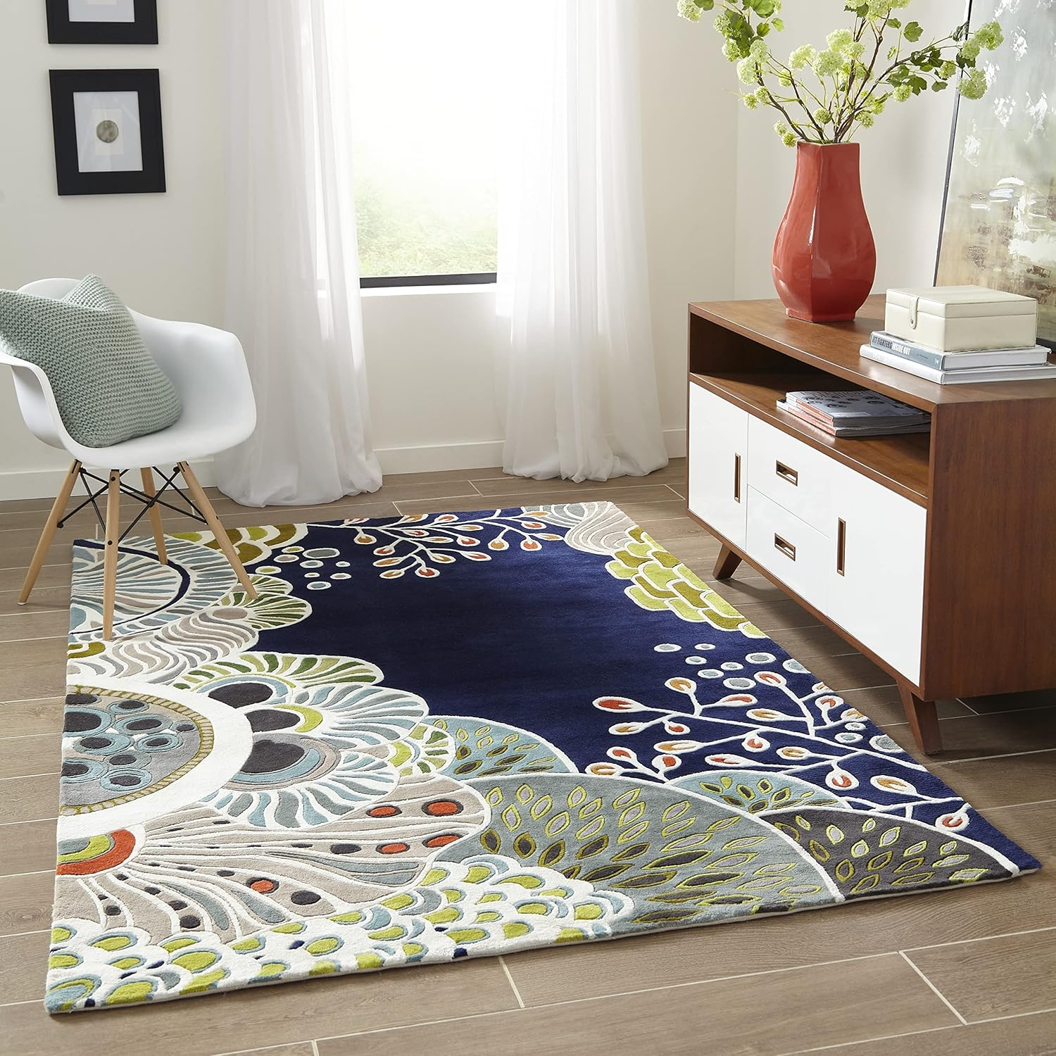 Navy Blue Hand-Tufted Wool Rectangular Area Rug, 8' x 11'