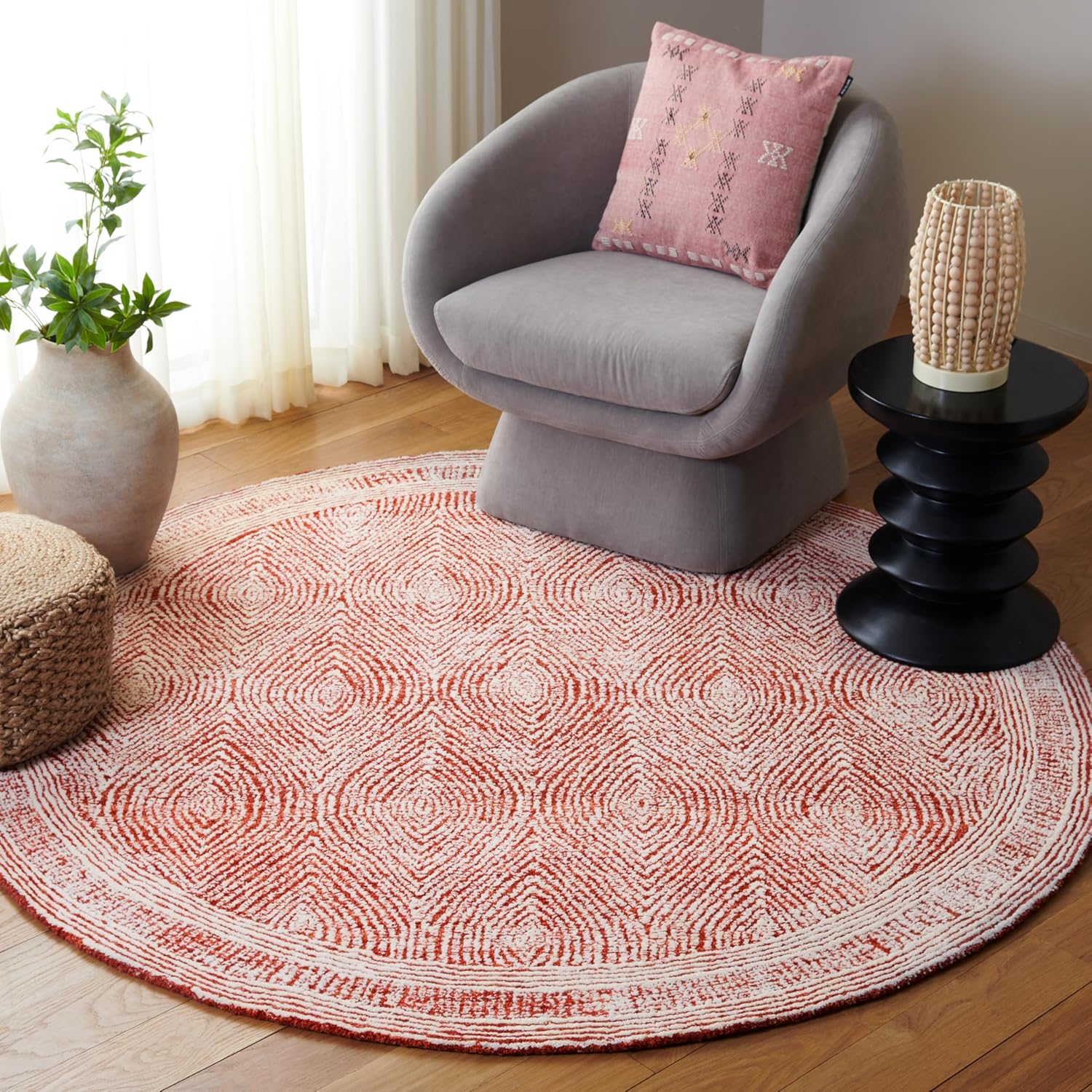 SAFAVIEH Abstract Caelestinus Ogee Wool Area Rug, Ivory/Red, 6' x 6' Round