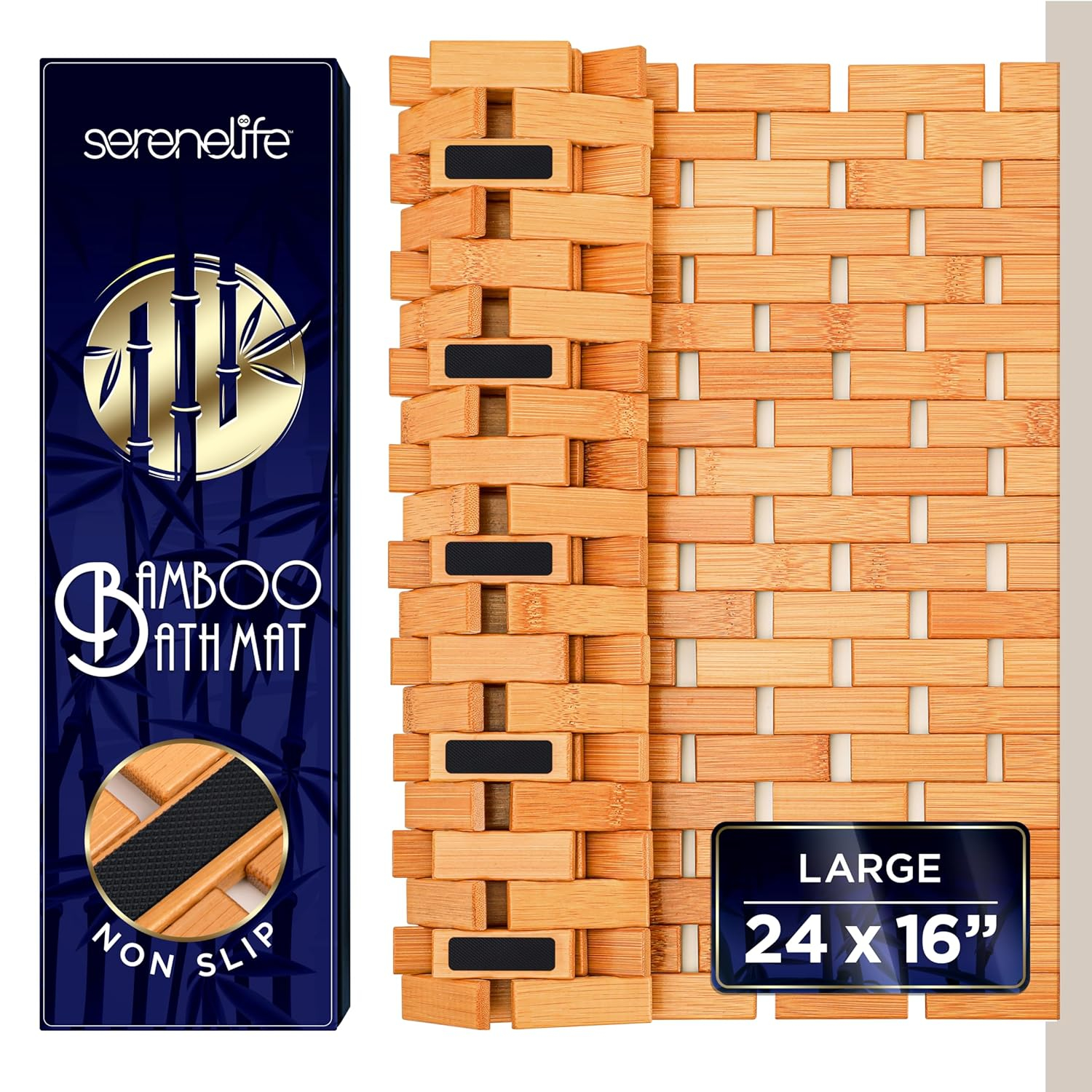 SereneLife Bamboo Bath and Shower Mat, Non-Slip Floor Mat with Extra Grips, Slatted Design, Natural Finish for Bathroom, Spa, Sauna - Rollable and Easy to Clean