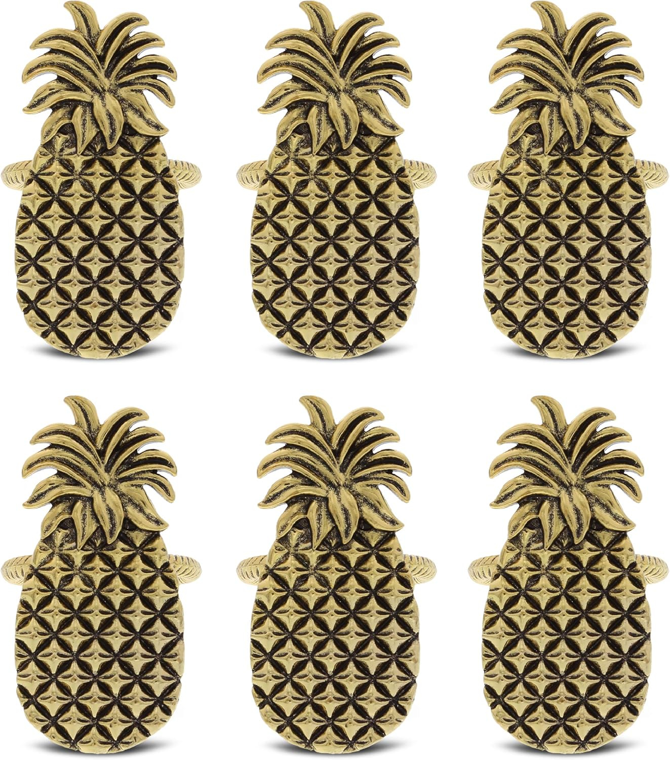 Golden Pineapple Embossed Metal Napkin Rings Set of 6