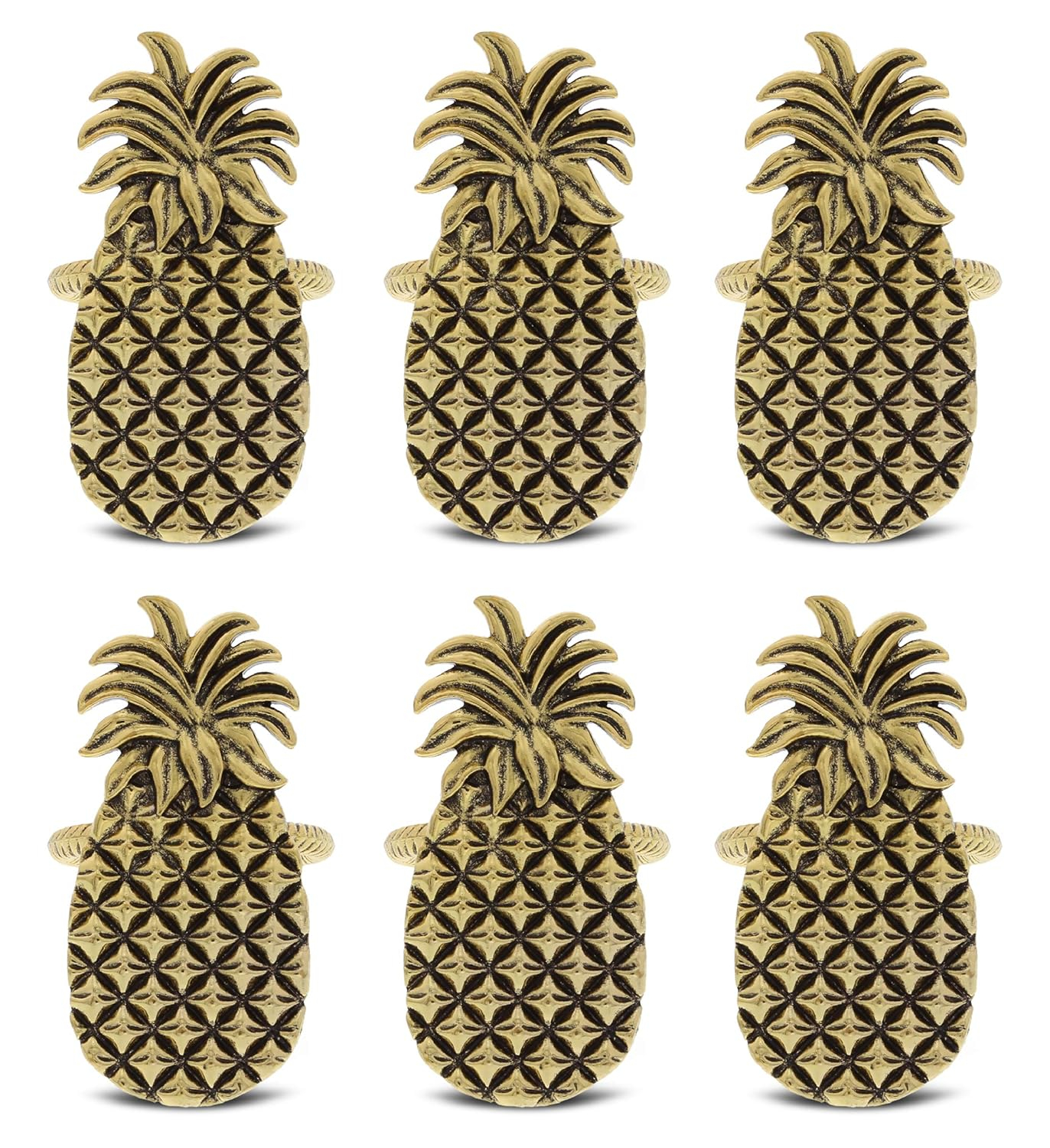 Golden Pineapple Embossed Metal Napkin Rings Set of 6