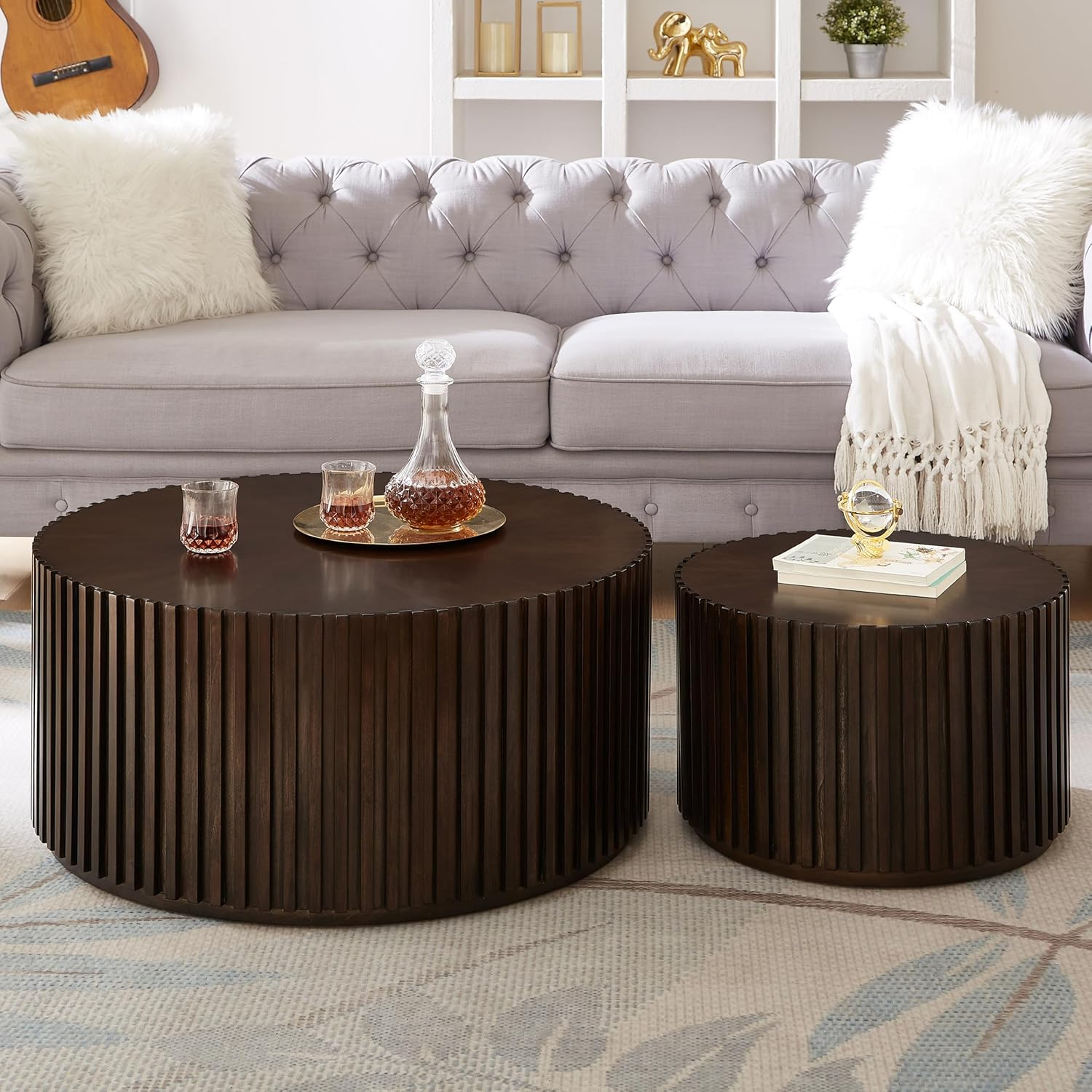 Handcrafted Deep Brown Round MDF Coffee Table Set of 2