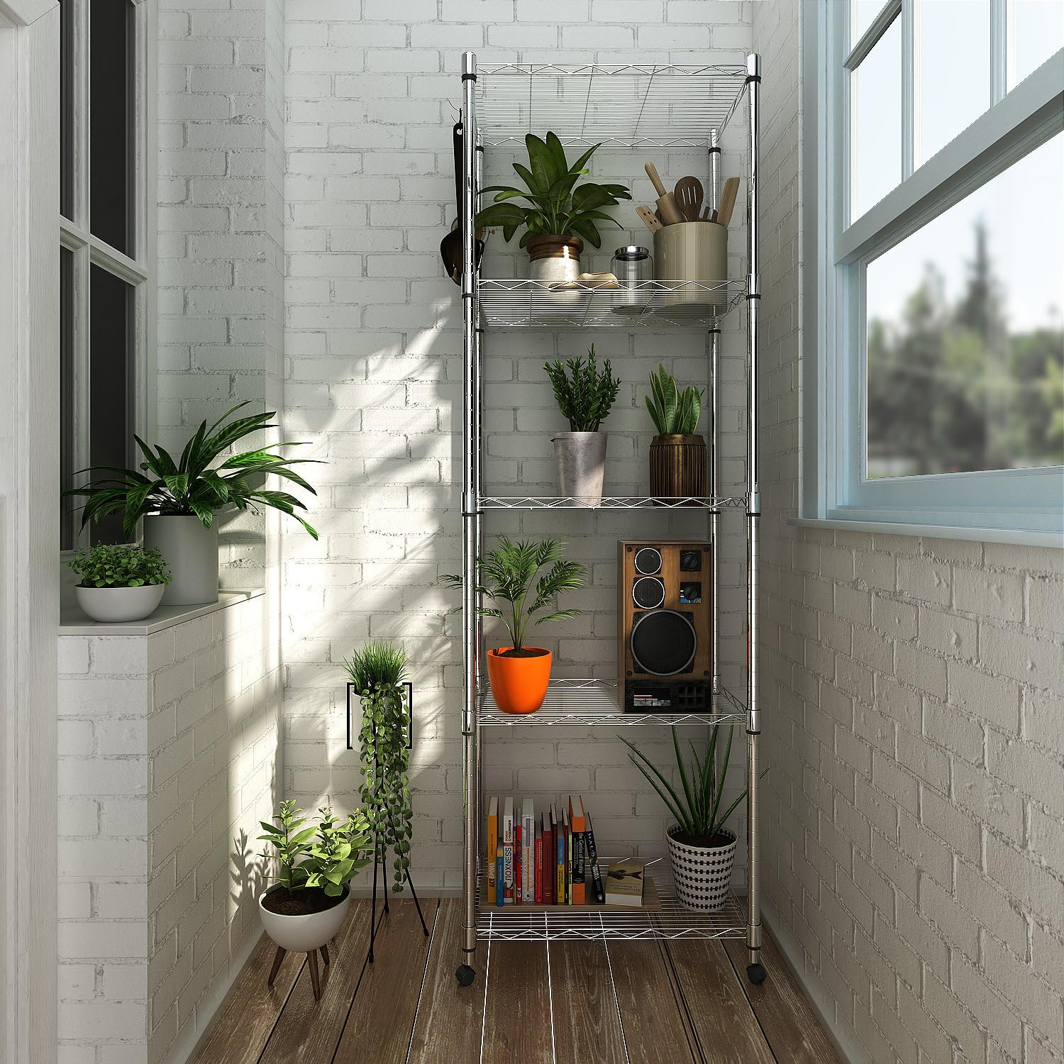 Chrome 5-Tier Adjustable Wire Shelving Unit with Wheels