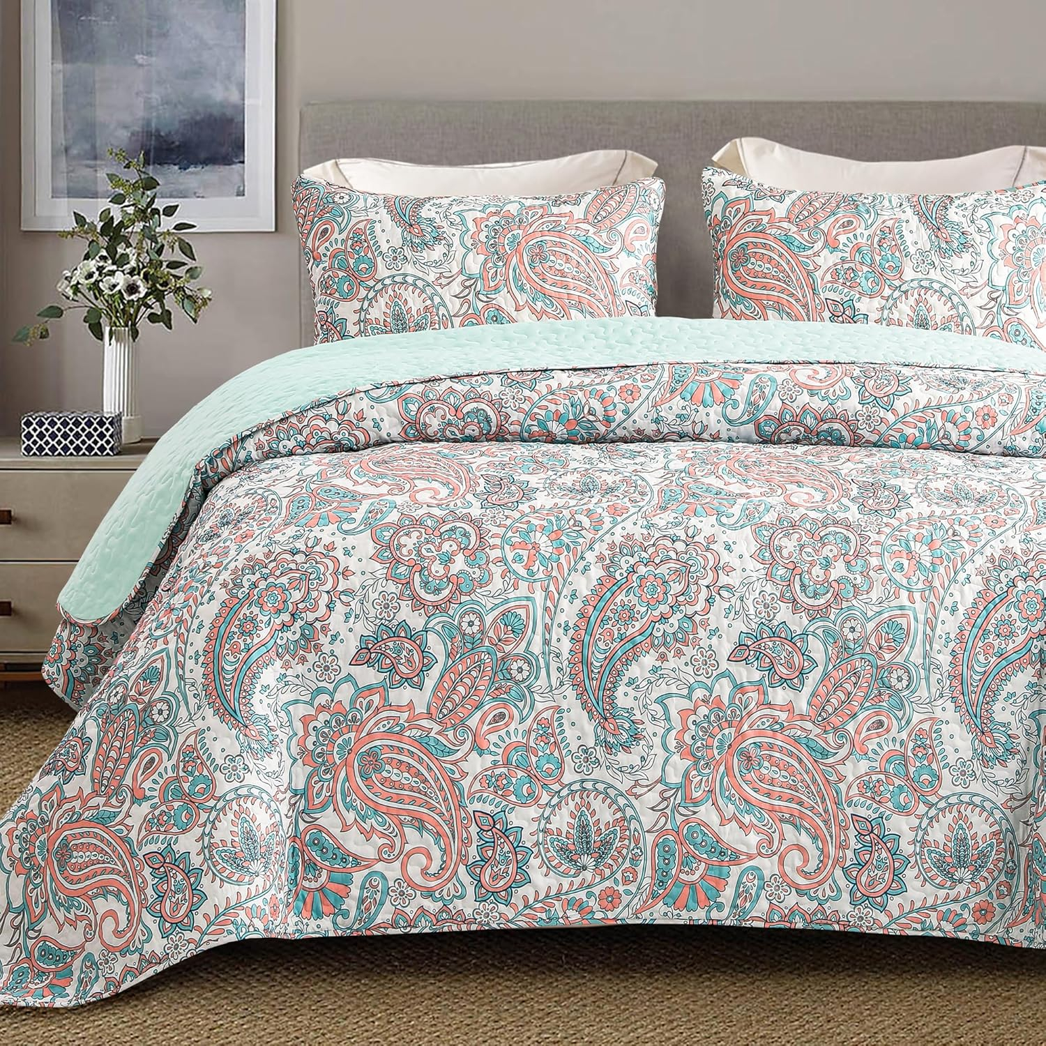 Exclusivo Mezcla Paisley Aqua Quilt Set King Size, 3-Piece Reversible Quilt Bedding Set, Lightweight and Soft Bedspread Coverlets