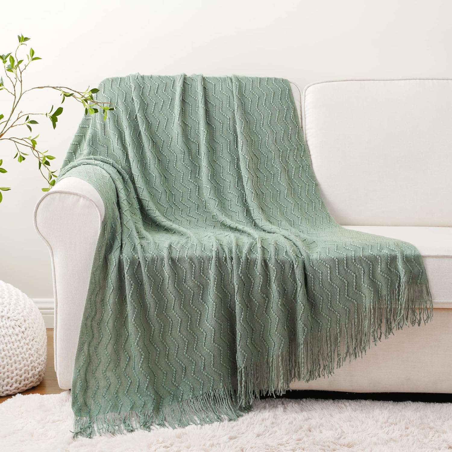 Battilo Sage Green Throw Blanket for Sofa, Knitted Soft Sage Throw, Spring Green Blanket for Bedroom Decor,50"x60"