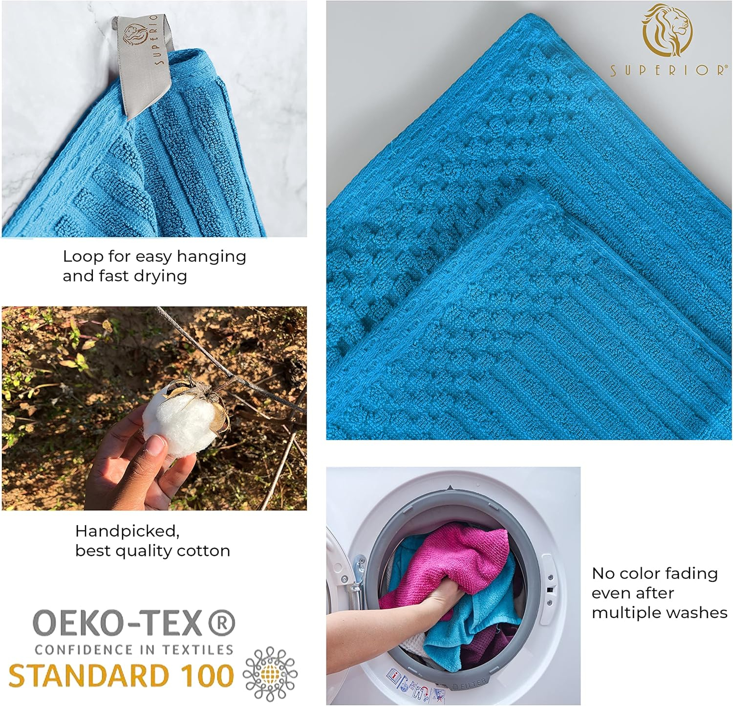 Superior Soho Ribbed Cotton Absorbent Bath Towel Set of 4, Azure