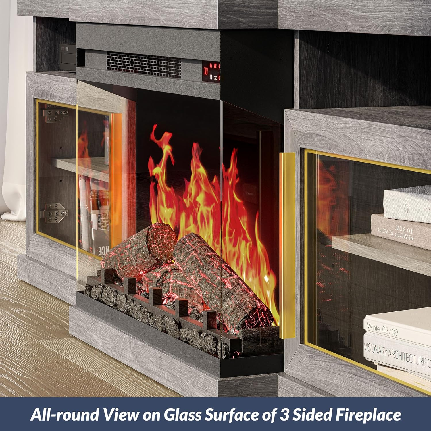 BELLEZE 68" TV Stand with 23" Electric Fireplace, Entertainment Center for TVs Up to 75", Glass Door Storage Cabinet with 3-Side Glass Display Fireplace for Living Room, Bedroom - Bardot (Grey)