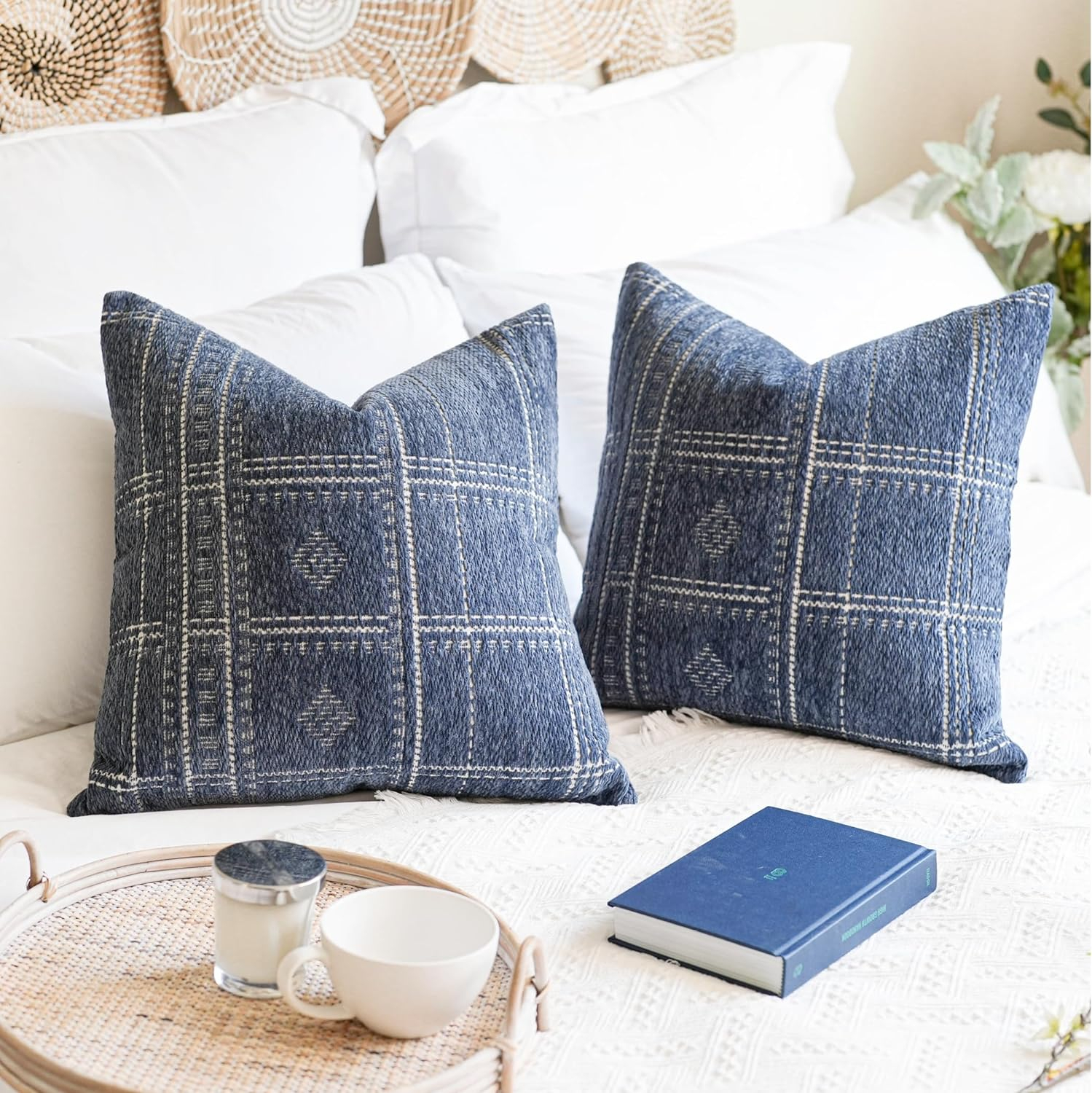 Decorative Throw Pillow Covers 20X20, Set of 2, Boho Farmhouse Cushion Cover, Cozy Soft Accent Pillowcase for Couch Sofa Bed Living Room Home Décor