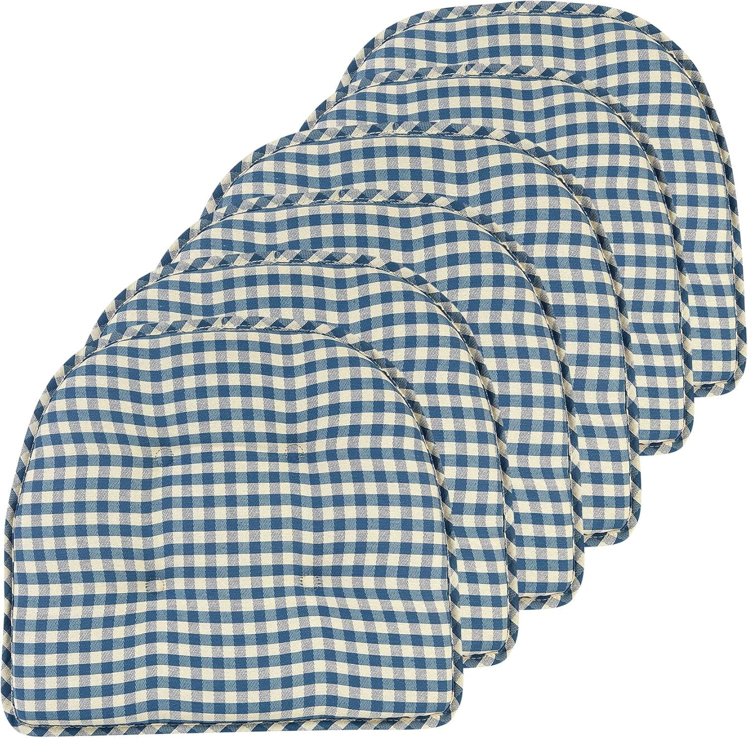 Non-Slip Tufted Chair Cushions for Dining Room, Kitchen and Office Use, U-Shaped Skid-Proof Seat Pad, 15x16 Inches, 6 Pack, Gingham Blue