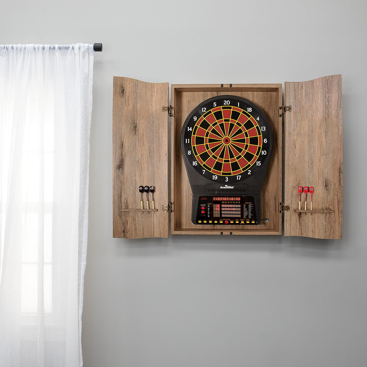 DMI Sports Tan CricketPro Dartboard Cabinet | Designed for Arachnid 15.5” CricketPro 900, 800, 750, 650 Electronic Dartboards | Does Not Include Dartboard