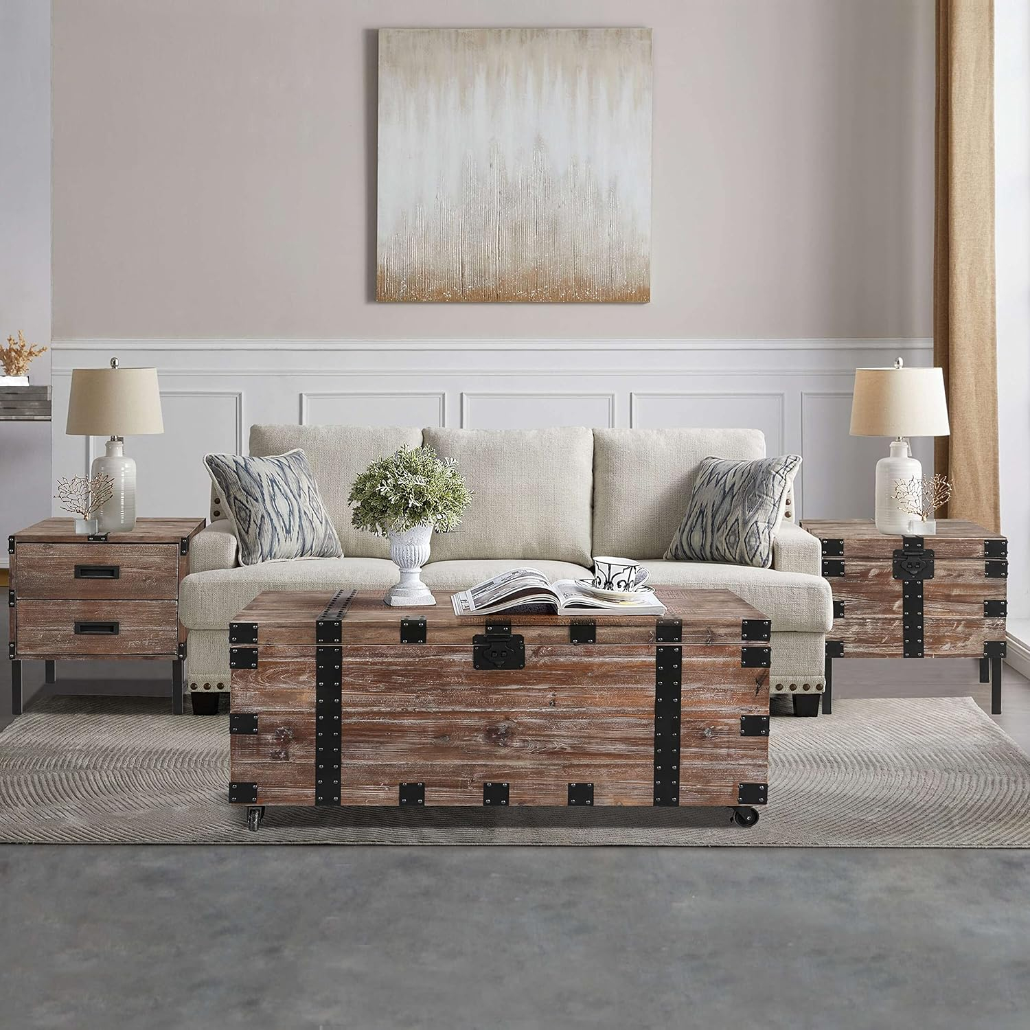 Antique Gray Reclaimed Wood Storage Trunk and Side Tables Set