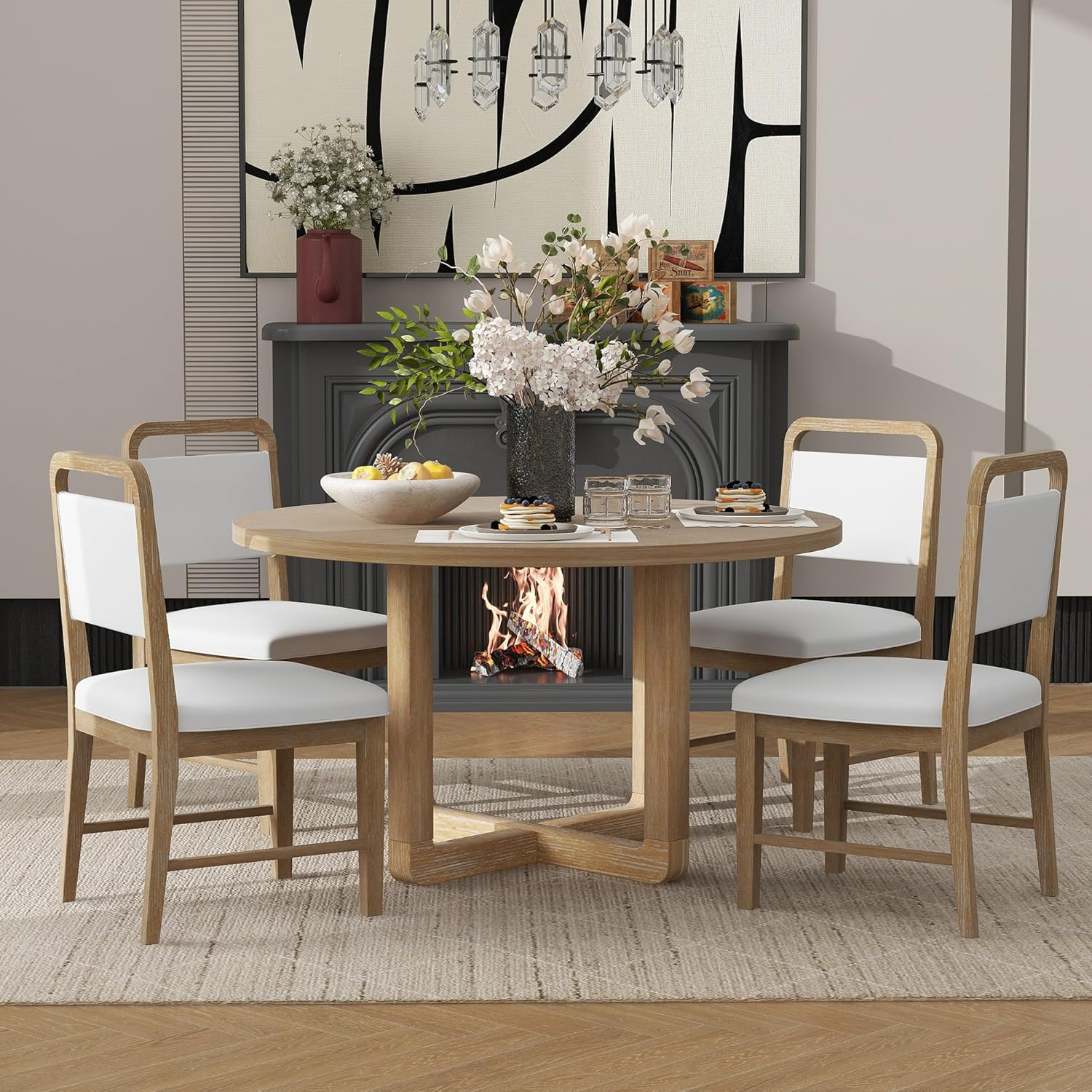 Merax 5-Piece Retro Dining Set, Round Table Top with Radial Wood Grain Design and 4 Upholstered Chairs for Dining Room and Kitchen, Antique Gray