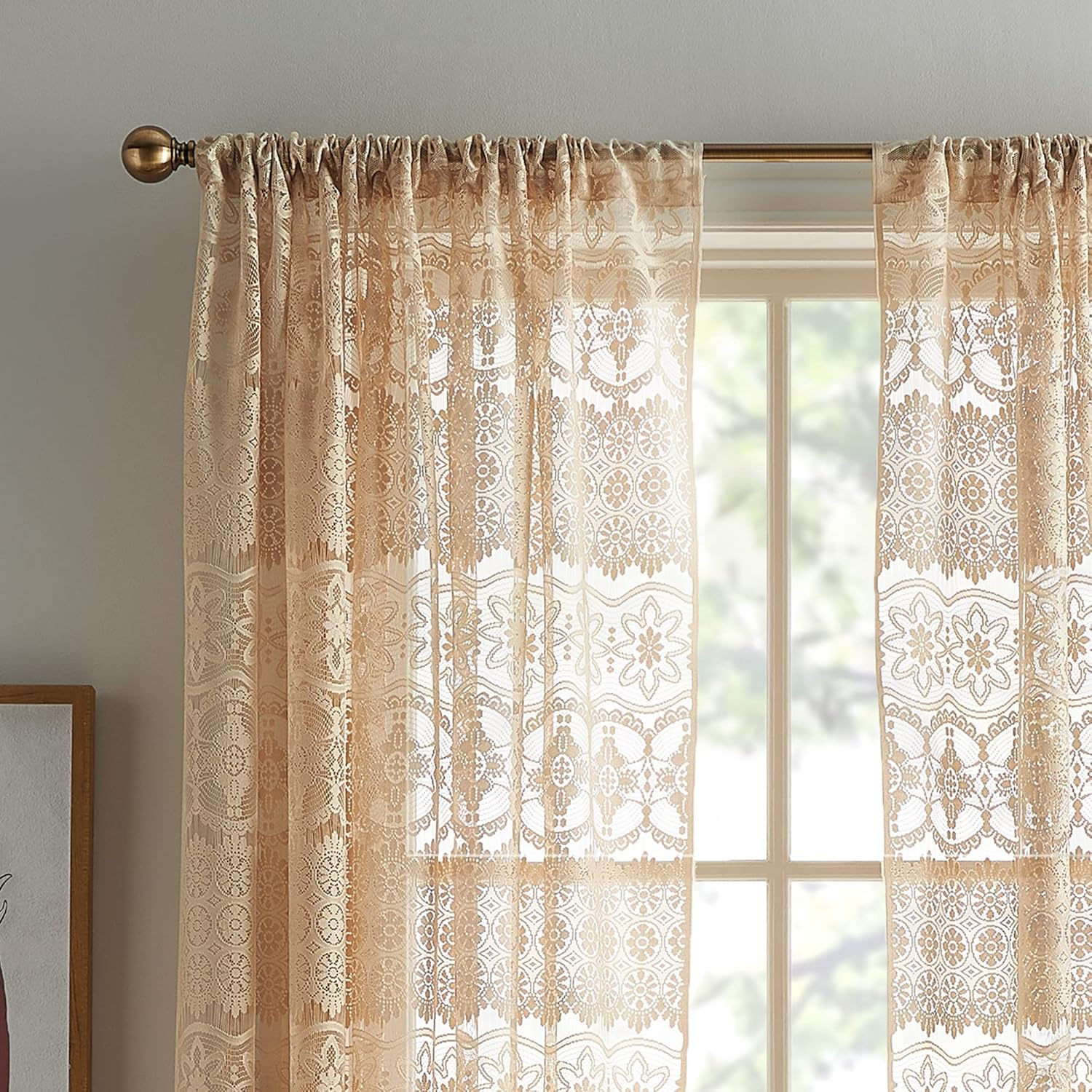 CHF Boho Lace Sheer Single Poletop Panel, Almond, 60" x 84"