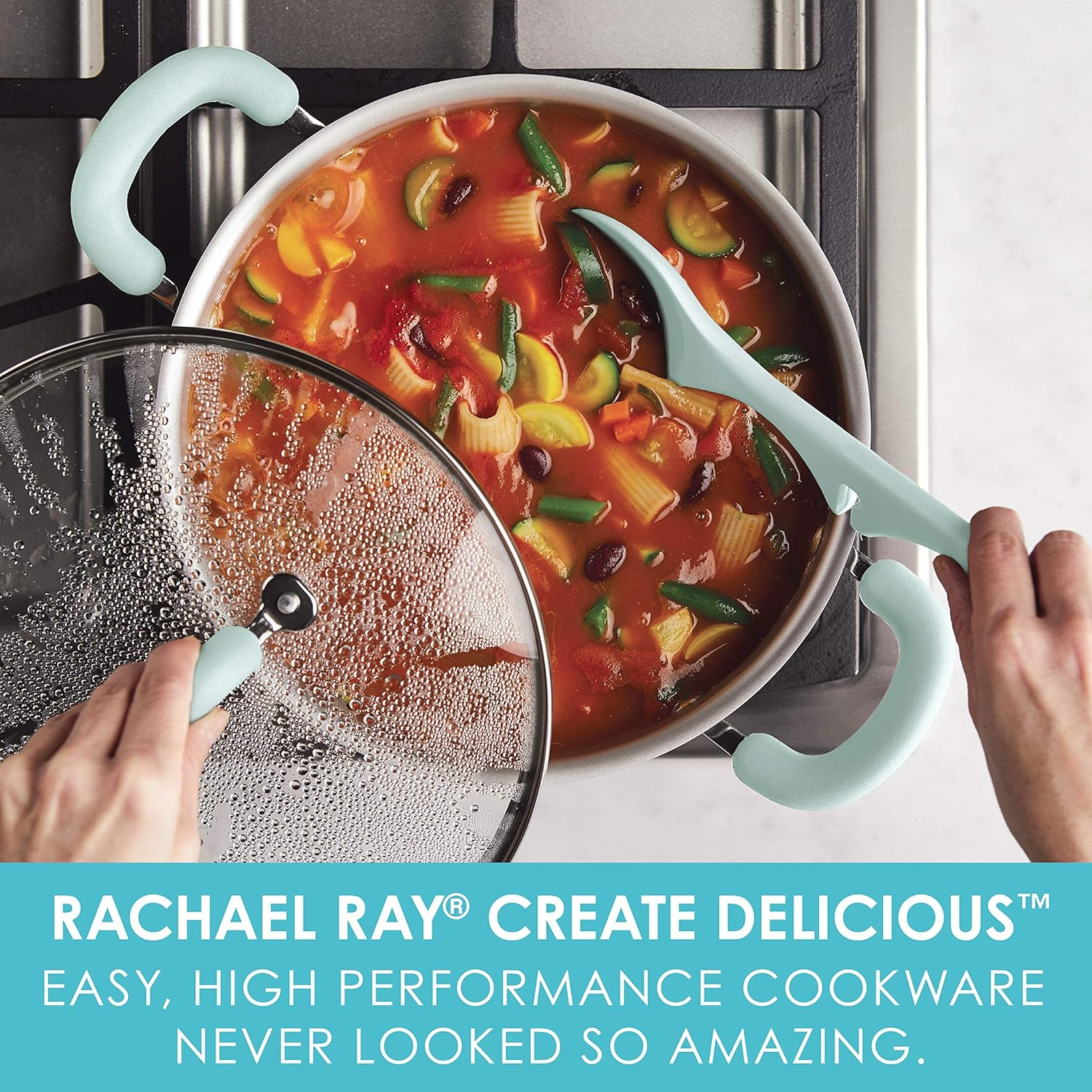 Rachael Ray Create Delicious 6 Quart Aluminum Nonstick Stockpot, Light Blue Shimmer