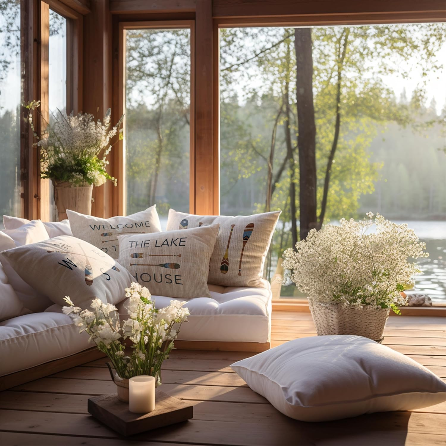 Lake House Decor Lake Pillows Case 20 x 20 Inch Set of 4, Lake Paddle Decor, Lake House Rules Decor, Lake House Decor, Lake House Room Decor Pillows Cover for Sofa Couch Bed (White).