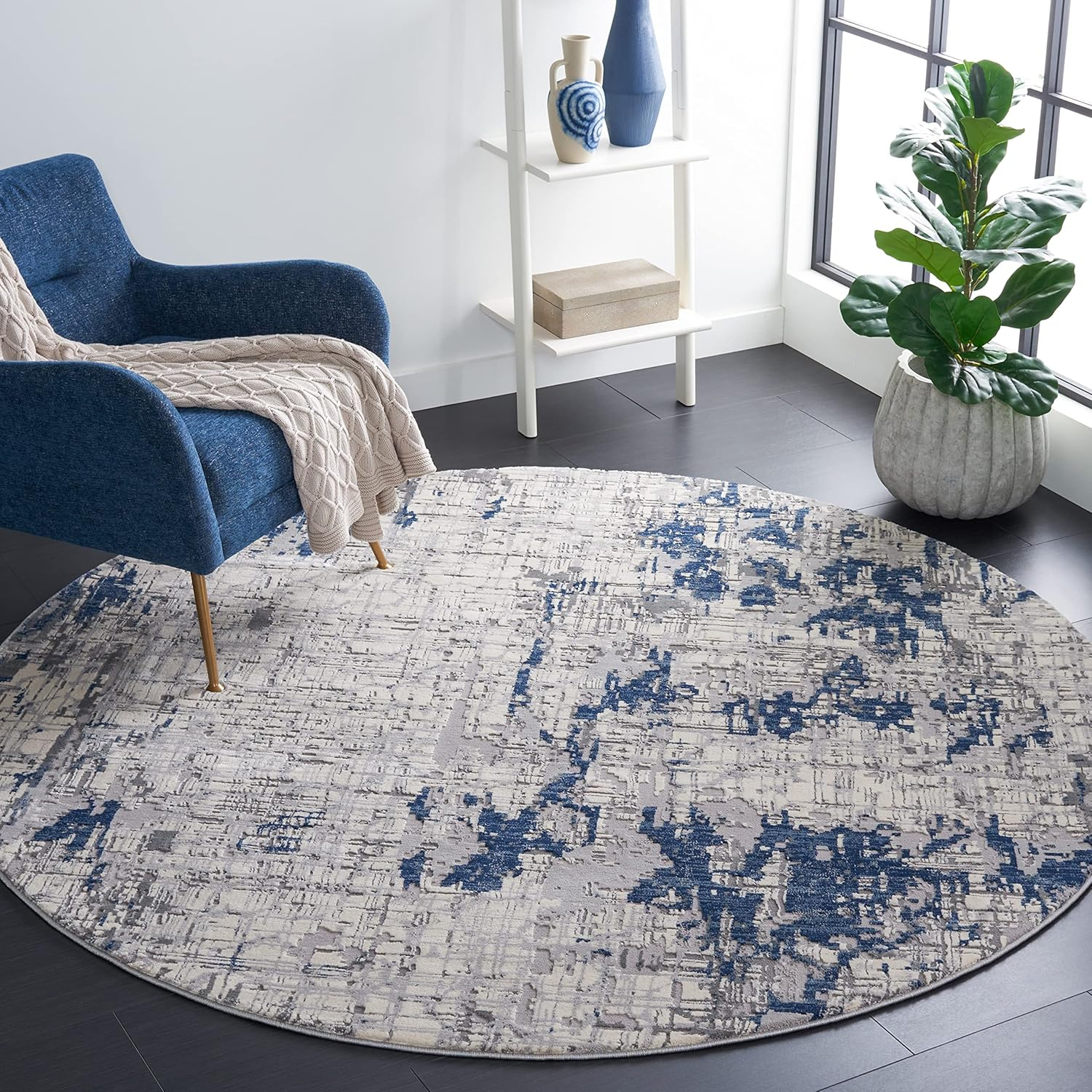 SAFAVIEH Meadow Bairre Abstract Area Rug, Ivory Grey/Blue, 6'7" x 6'7" Round