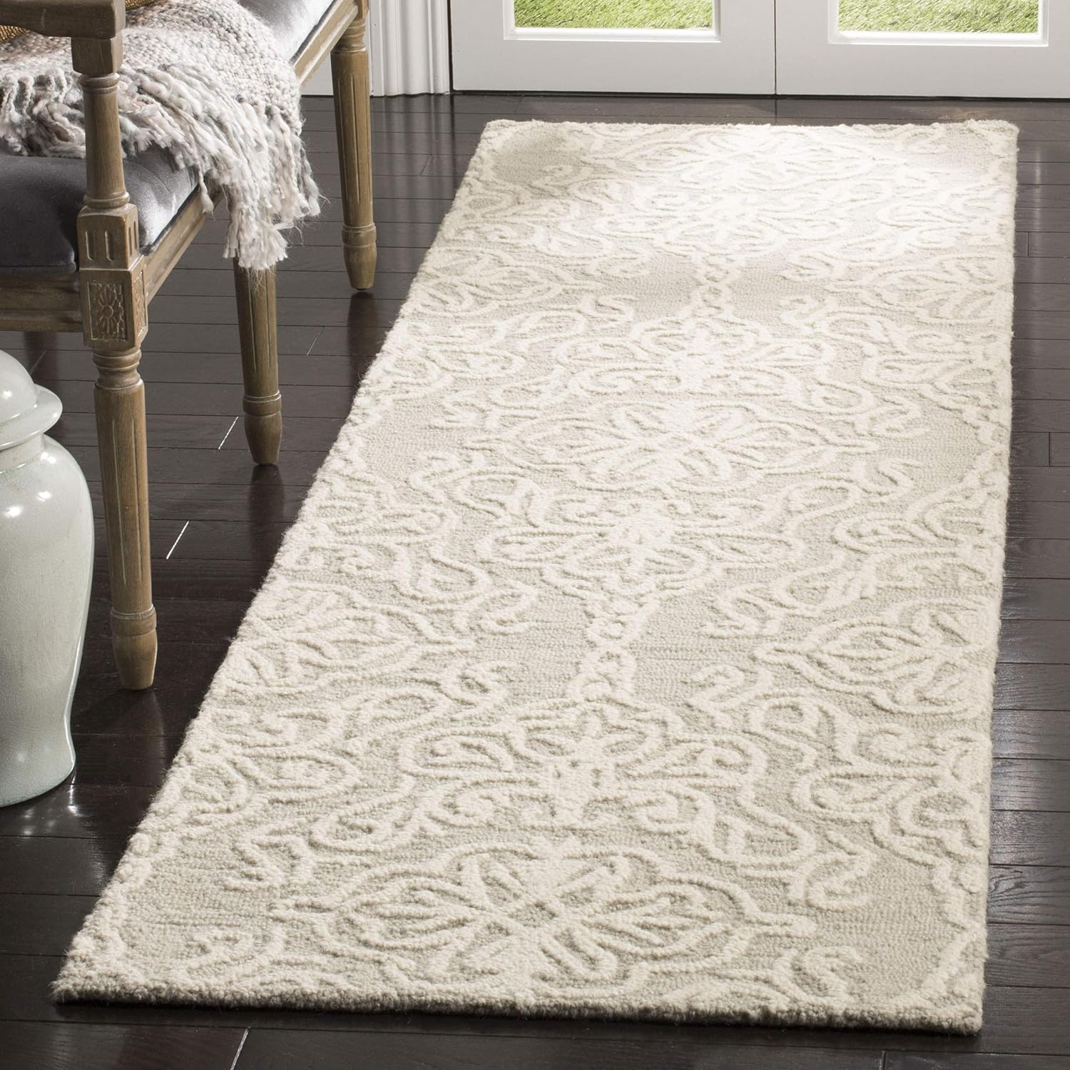 SAFAVIEH Blossom Asher Damask Runner Rug, Silver/Ivory, 2'3" x 22'