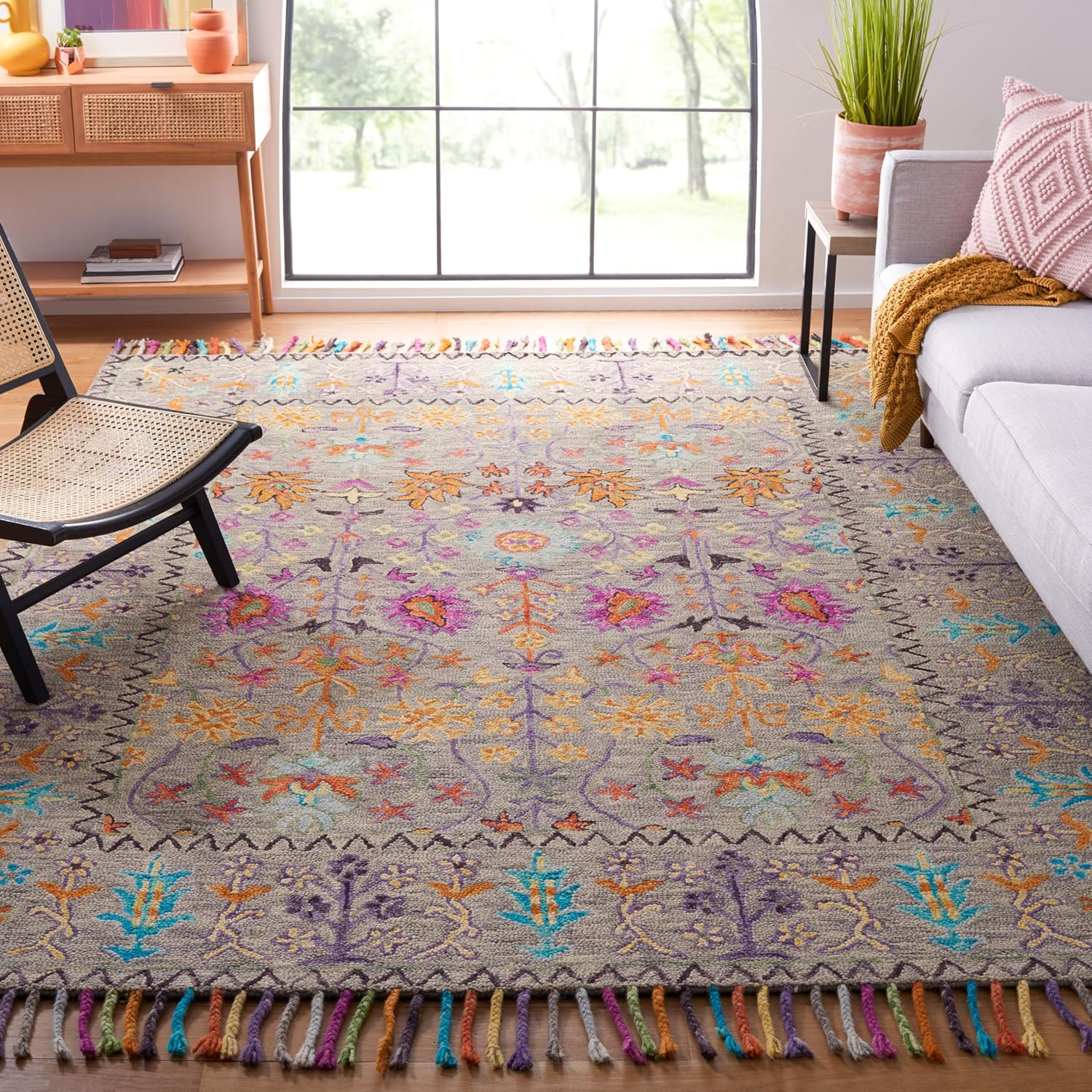 SAFAVIEH Blossom Hamilton Floral Wool Fringed Area Rug, Grey/Multi, 10' x 14'