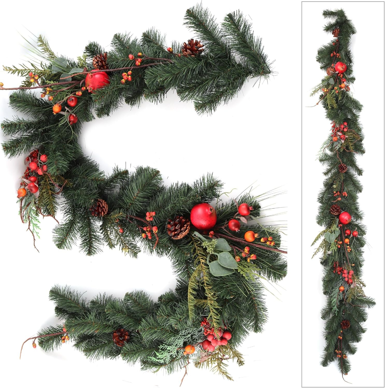 Holiday Pine with Cones, Berries, and Fruit - 6 Feet Long for Mantle, Front Door, Railings