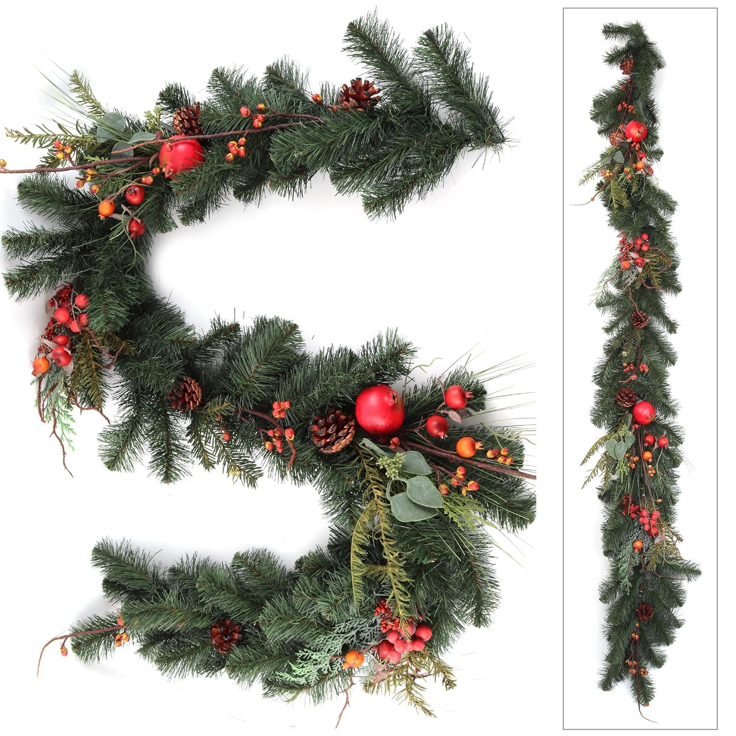 Holiday Pine with Cones, Berries, and Fruit - 6 Feet Long for Mantle, Front Door, Railings