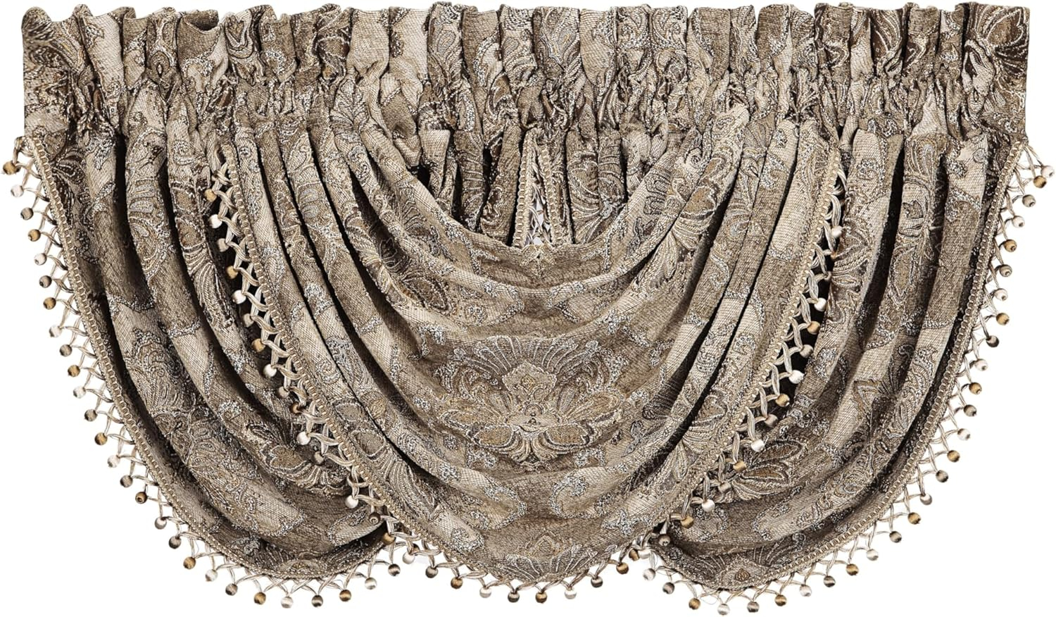 Natural Chenille Damask Waterfall Valance with Tassel Fringe