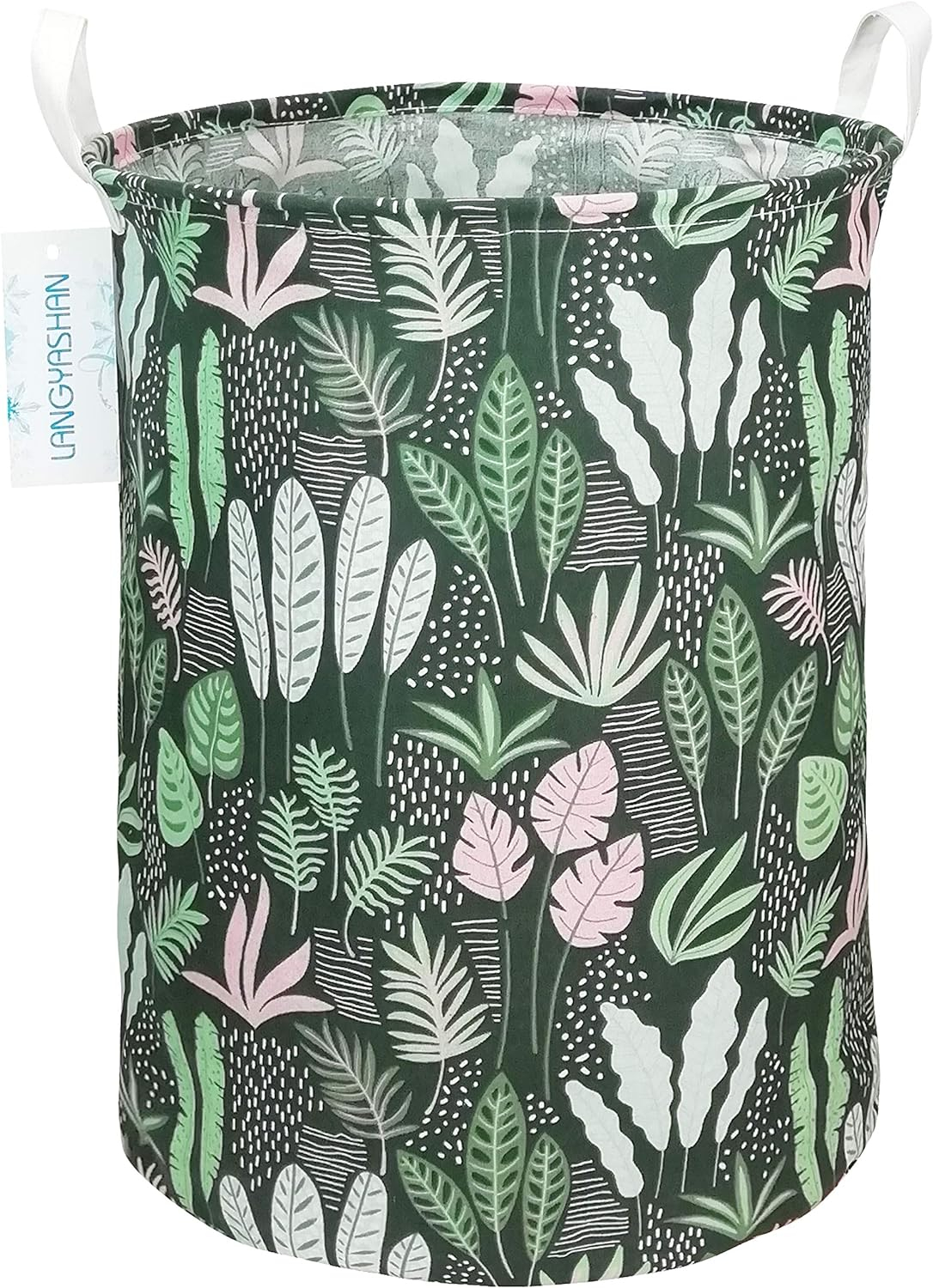 LANGYASHAN Laundry Basket Canvas Fabric Collapsible Organizer Basket for Storage Bin Toy Bins Gift Baskets Bedroom Clothes Children Nursery Hamper (Round Leaf)