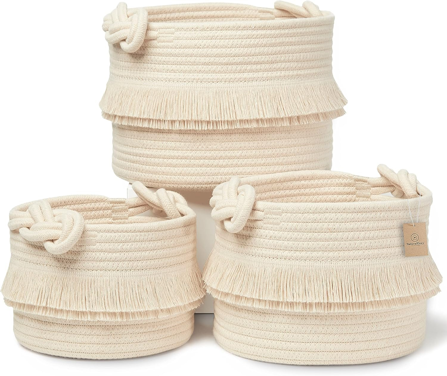 NaturalCozy 3-Piece Boho Decor Storage Basket Set – Cotton Rope Woven Baskets for Organizing! Small Baby Stuff, Shower, Gift Basket, Nursery Planter, Toy Shelves