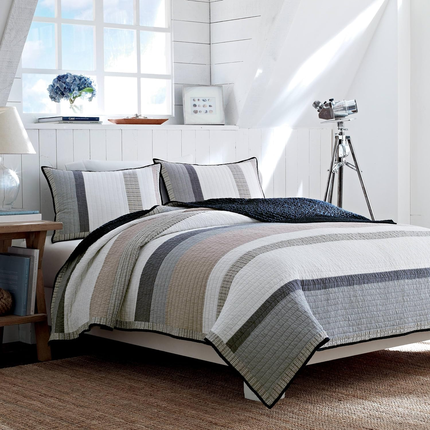 Nautica  Tideway Neutral Stripe Cotton Reversible Quilt
