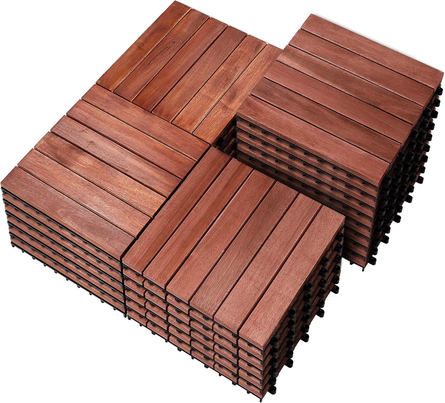 PrimeZone 27 PCS Solid Acacia Wood Interlocking Patio Deck Tiles - 12" x 12" Indoor Outdoor Waterproof Flooring Tiles for Balcony, Backyard, Garden & Poolside, All Weather Use, Brown