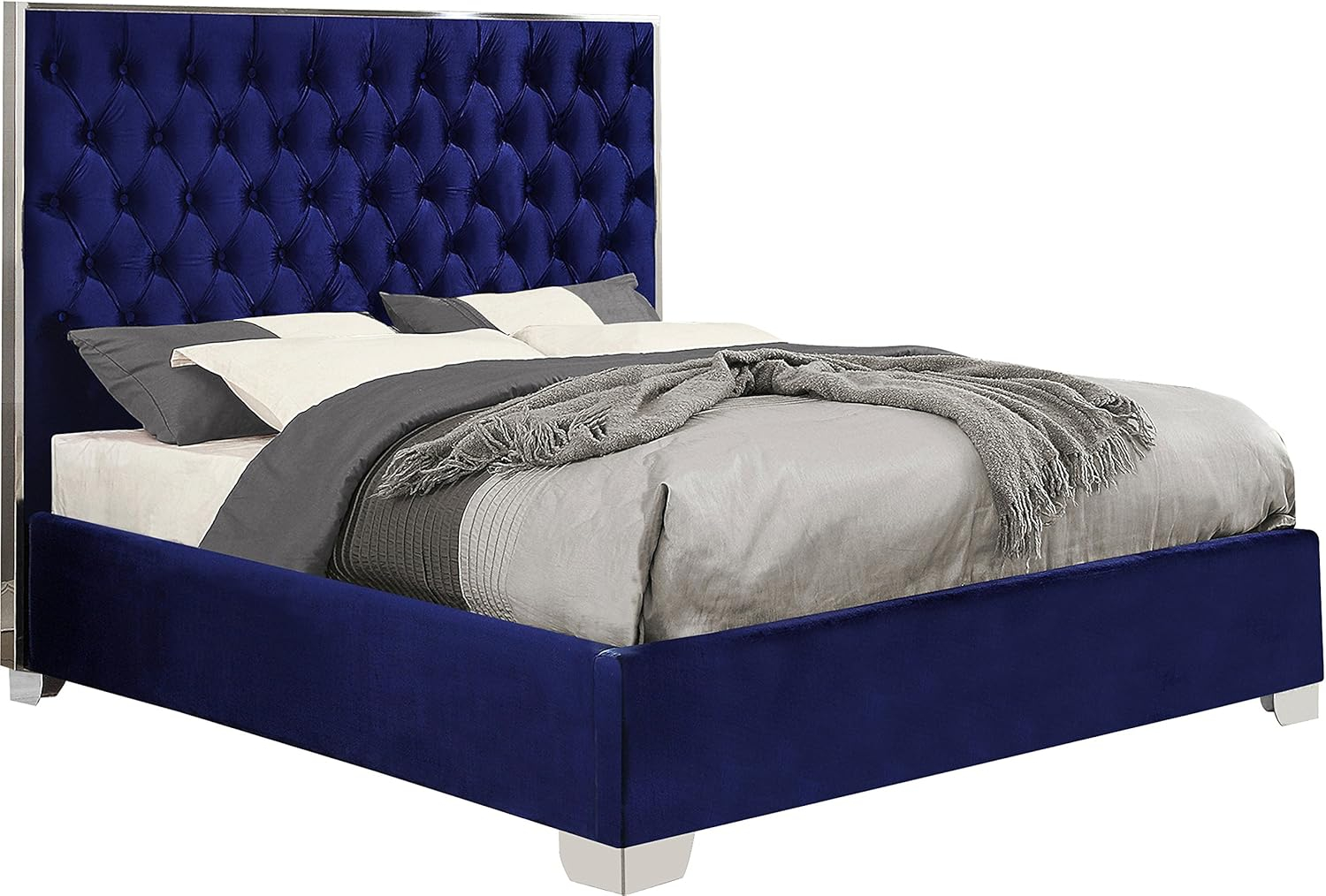 Meridian Furniture Lexi Collection Modern | Contemporary Velvet Upholstered Bed with Deep Tufting, Polished Chrome Stainless Steel Frame and Legs, Queen, Navy