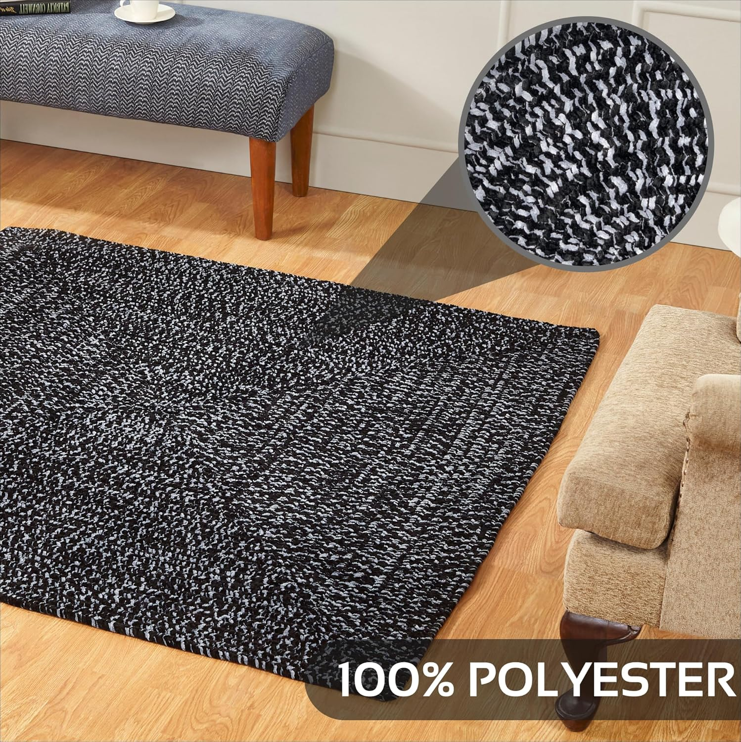 Better Trends Chenille Tweed Braid Collection is Durable and Stain Resistant Reversible Indoor Area Utility Rug 100% Polyester in Vibrant Colors, 60" Square Square, Black & Gray