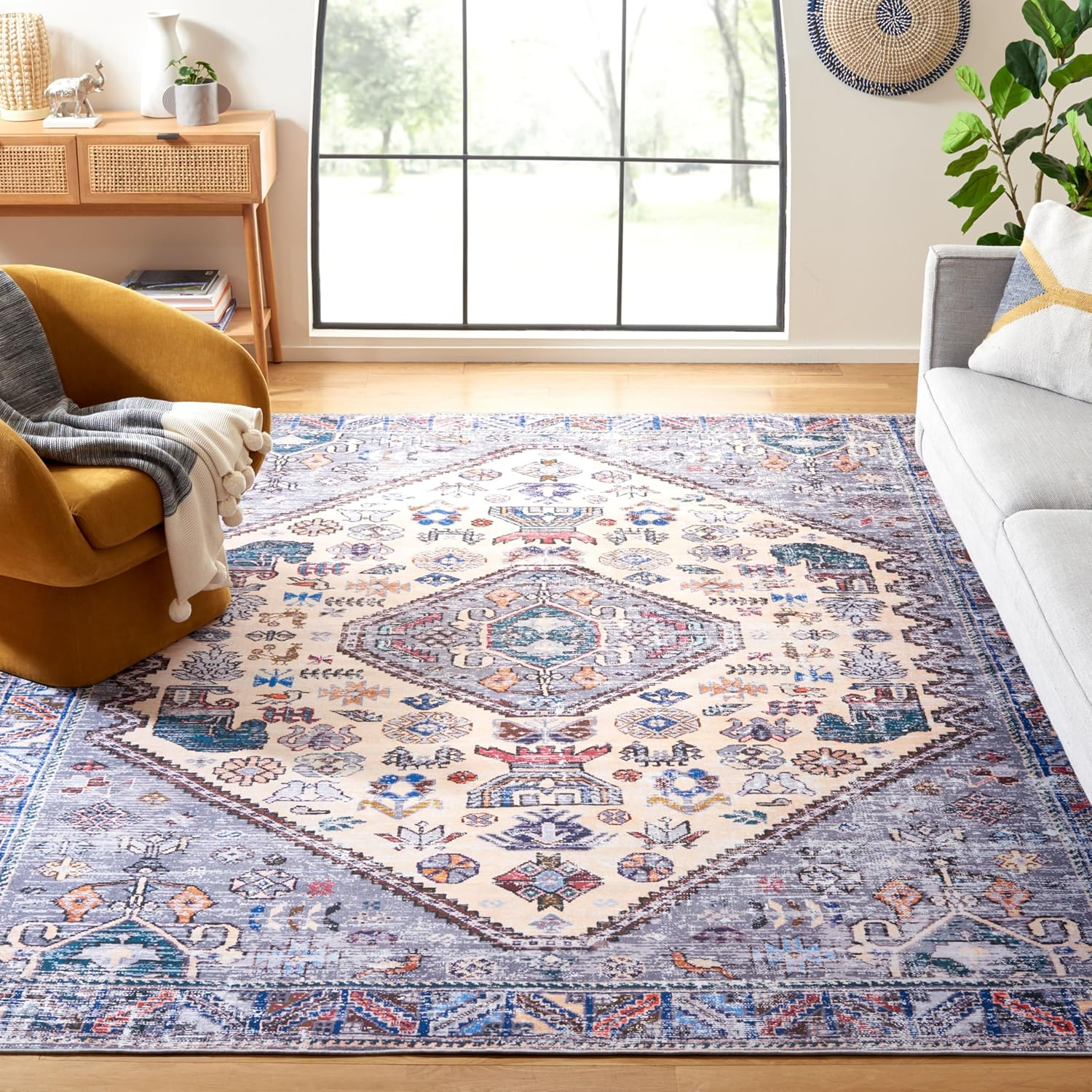SAFAVIEH Tucson Delora Traditional Machine Washable Area Rug, 9' x 12', Beige/Grey