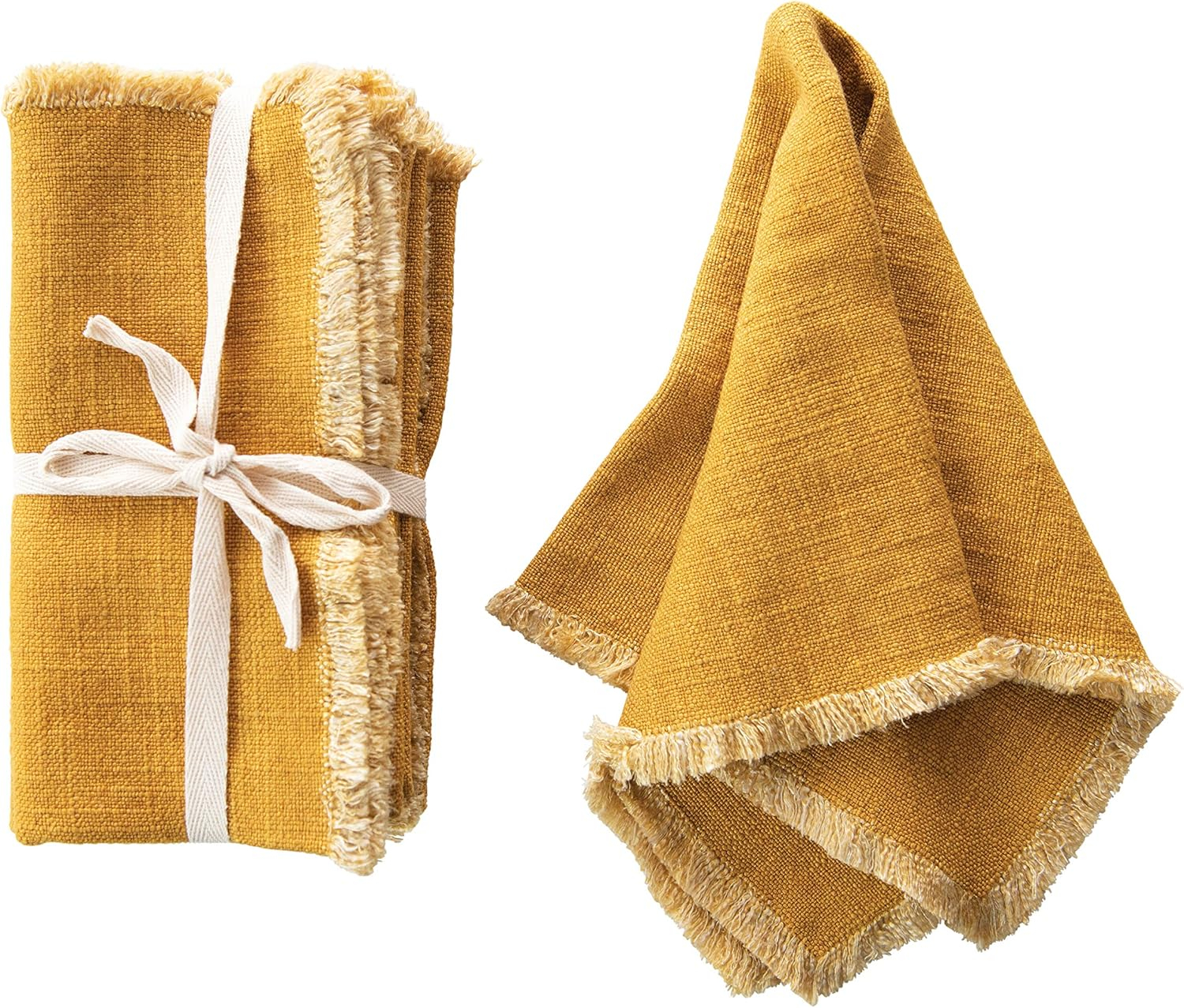 Creative Co-Op Mustard Square Linen Blend Fringe Trim (Set of 4) Napkin