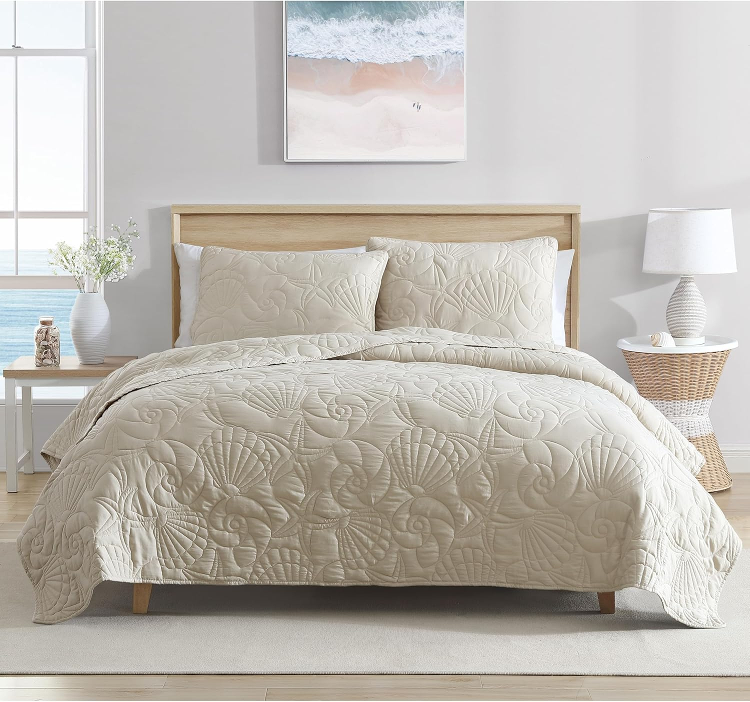 Full Sand Microfiber Coastal Shell Quilt Set
