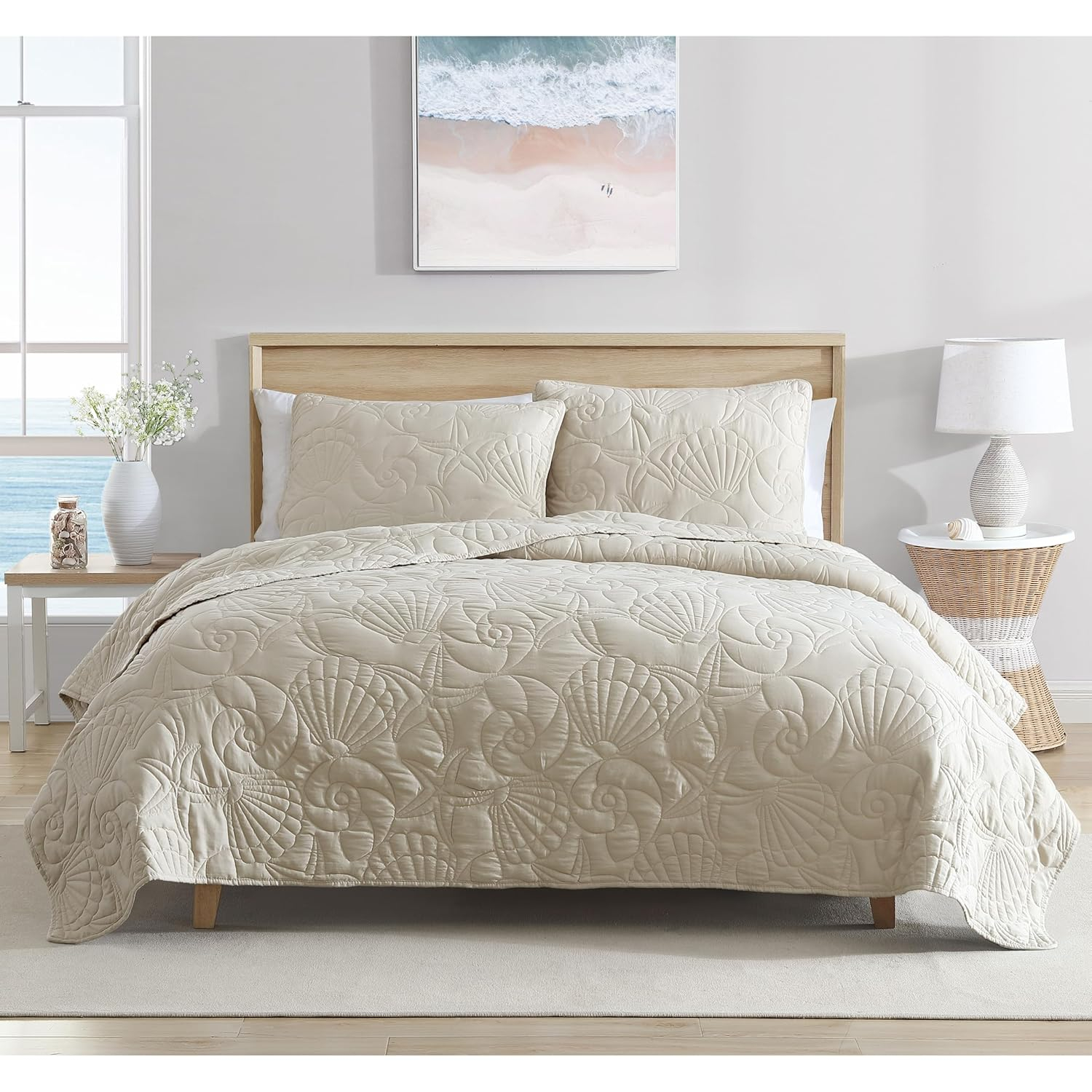 Full Sand Microfiber Coastal Shell Quilt Set