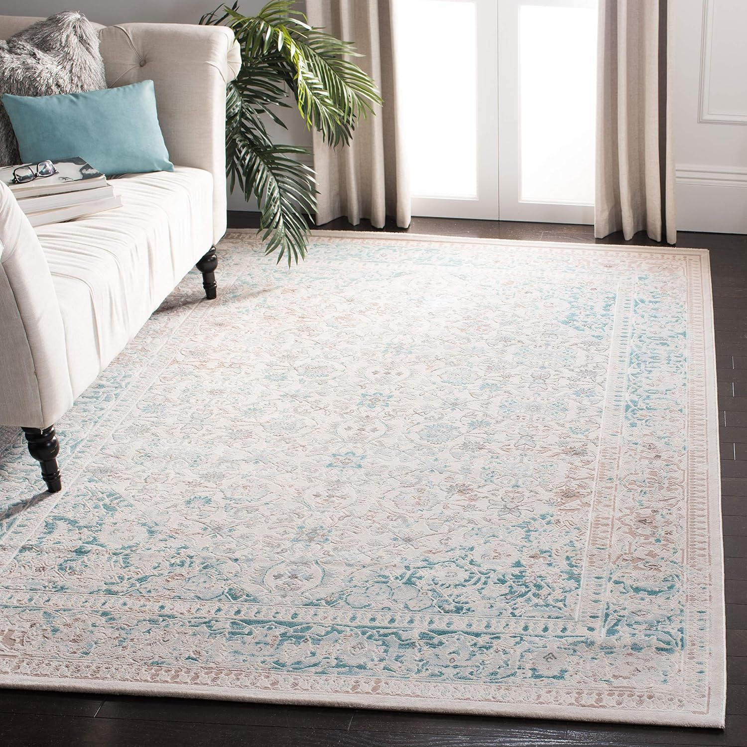 SAFAVIEH Passion Collection Accent Rug - 4' x 5'7", Turquoise & Ivory, Vintage Distressed Design, Non-Shedding & Easy Care, Ideal for High Traffic Areas in Entryway, Living Room, Bedroom (PAS405B)