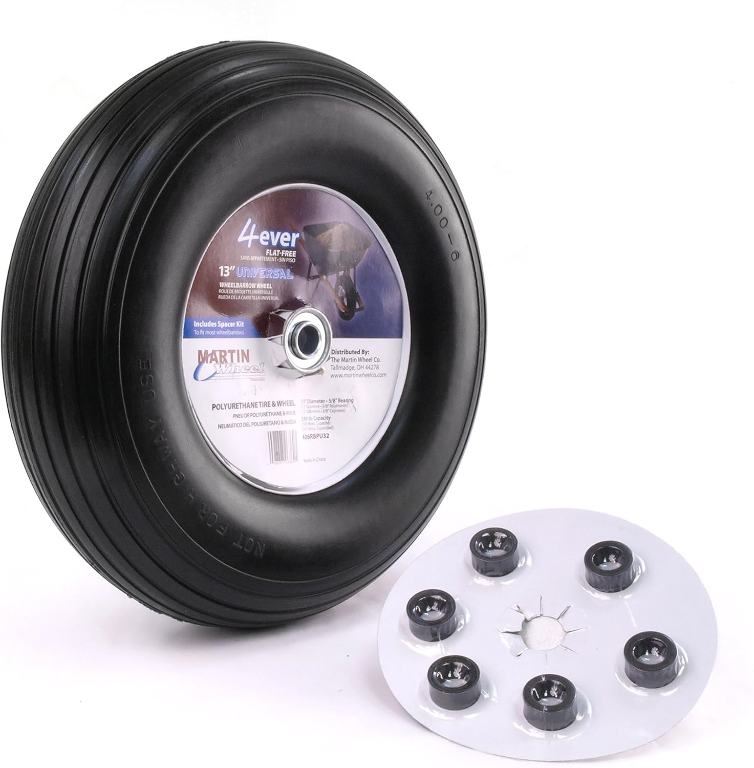 Martin Wheel Flat Free Wheelbarrow Wheel, 6" x 0.6" Hub