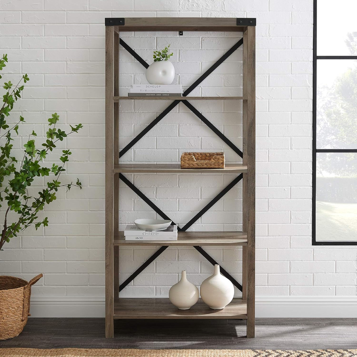 Walker Edison Industrial Farmhouse 4 Shelf Bookshelf, Sable Grey