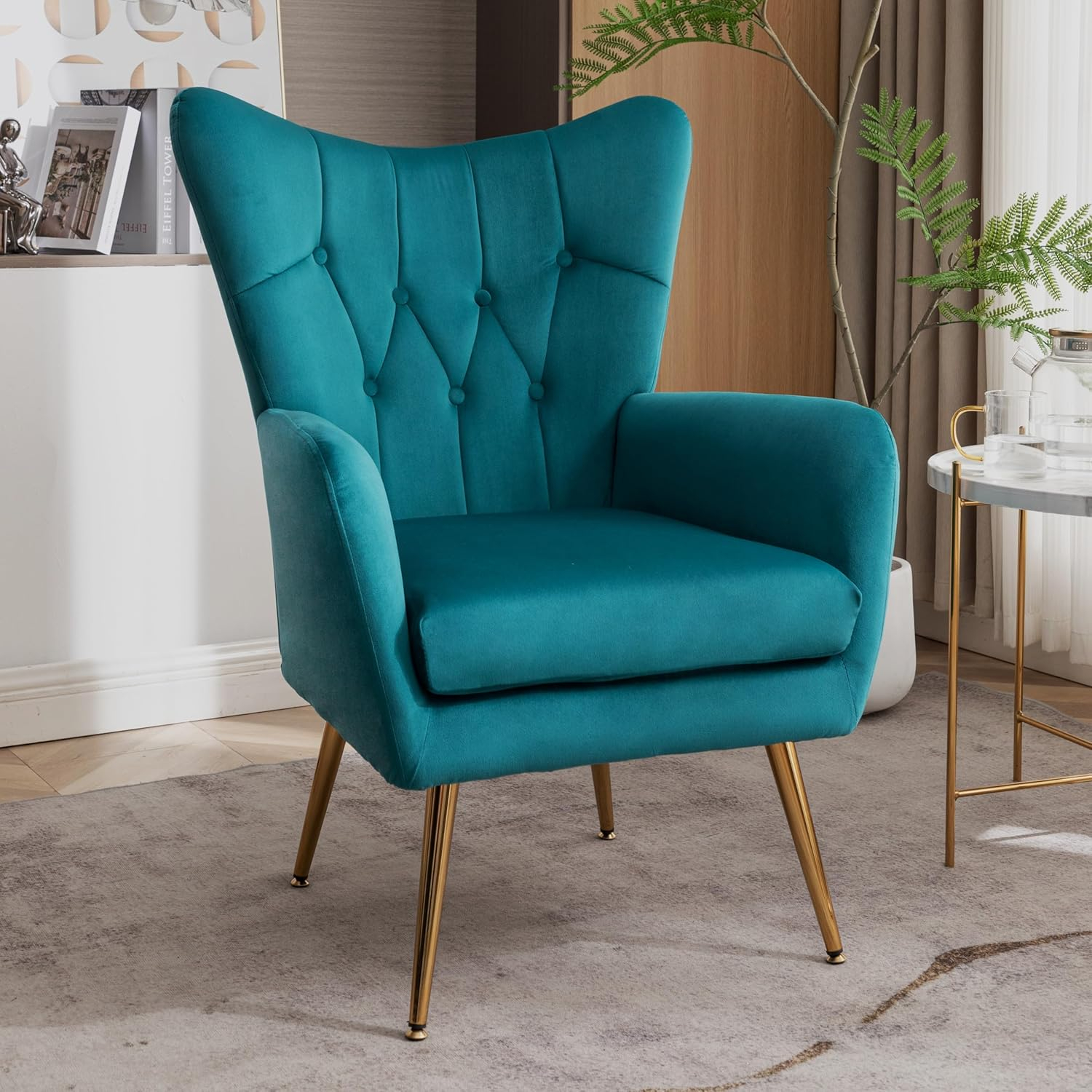 Modern Chic Mid-Century Velvet Accent Armchair for Living Room, Bedroom, or Home Office, Button-Tufted Wingback Design with Gold Flared Legs, Dark Teal