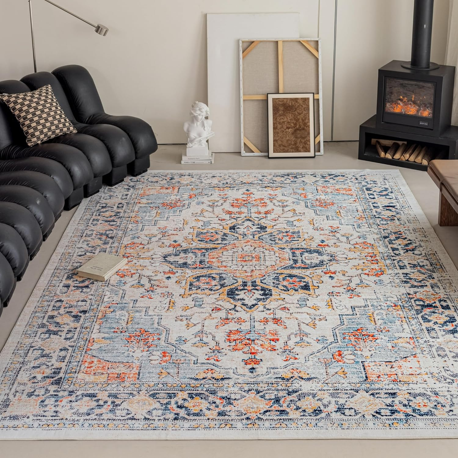 VK VK·LIVING 9x12 Area Rug Washable Rugs for Living Room Rug Vintage Design Boho Rug with Non Slip Living Room Rug Bedroom Carpet Stain Resistant, Home Decor, Blue&Orange