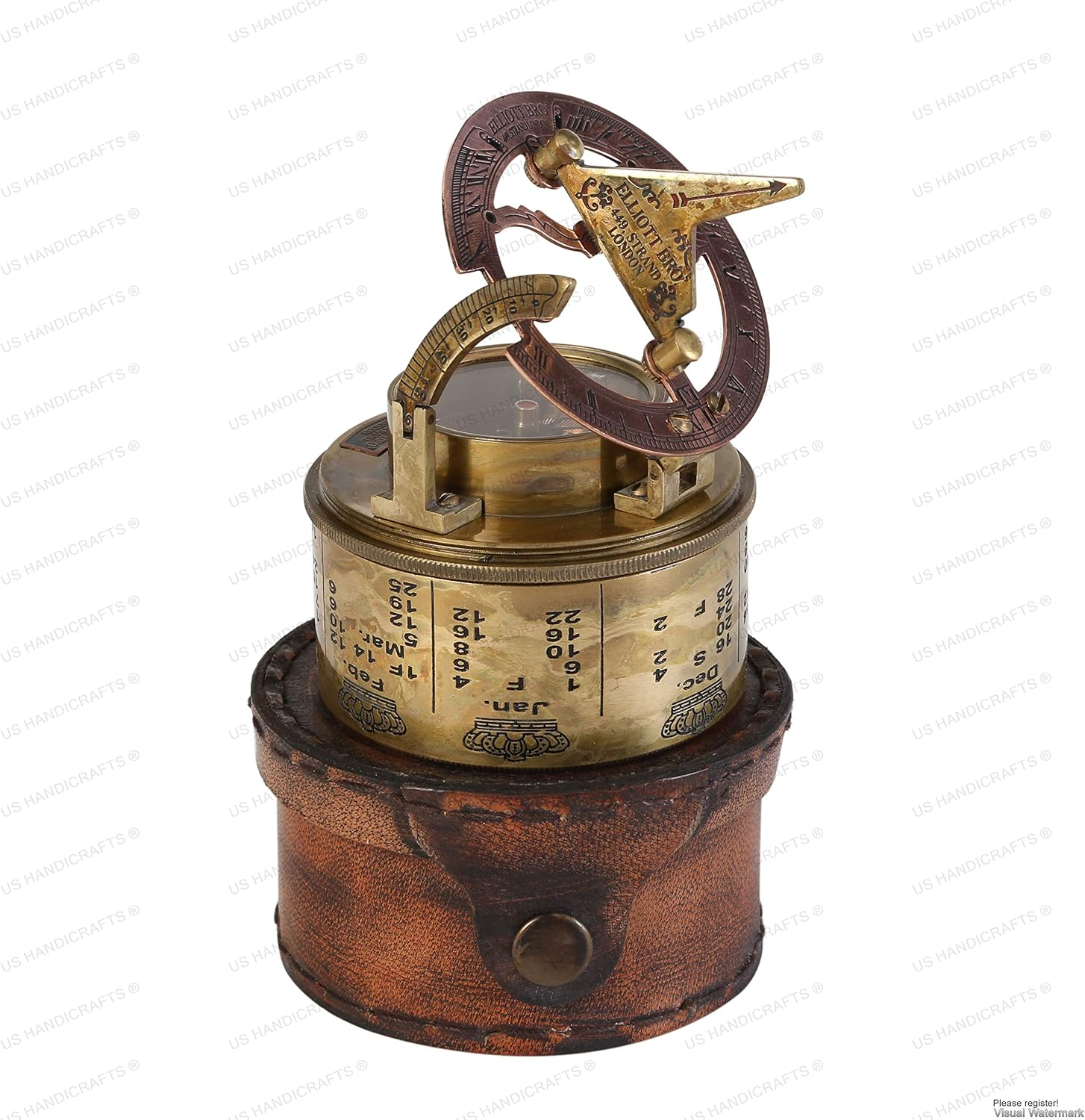 Vintage Brass Sundial Compass with Leather Case | Antique Marine Navigation Instrument & Engraved Calendar | Retro Pocket Compass for Outdoor Adventure, Collectors & Gifts