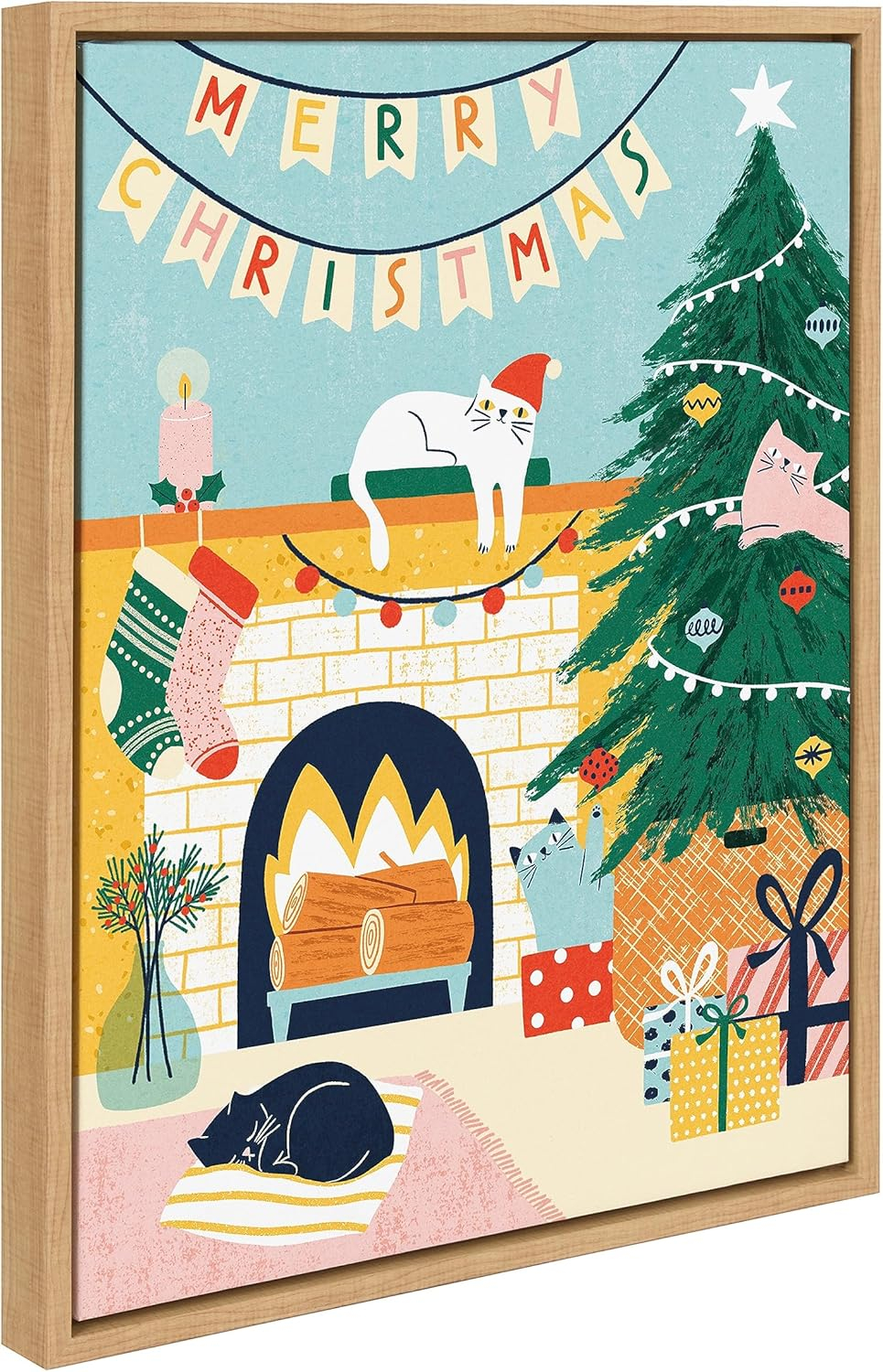 Kate and Laurel Sylvie TG Christmas Cats Framed Canvas Wall Art by Tania García, 18x24 Natural, Colorful Christmas Animal Art for Wall