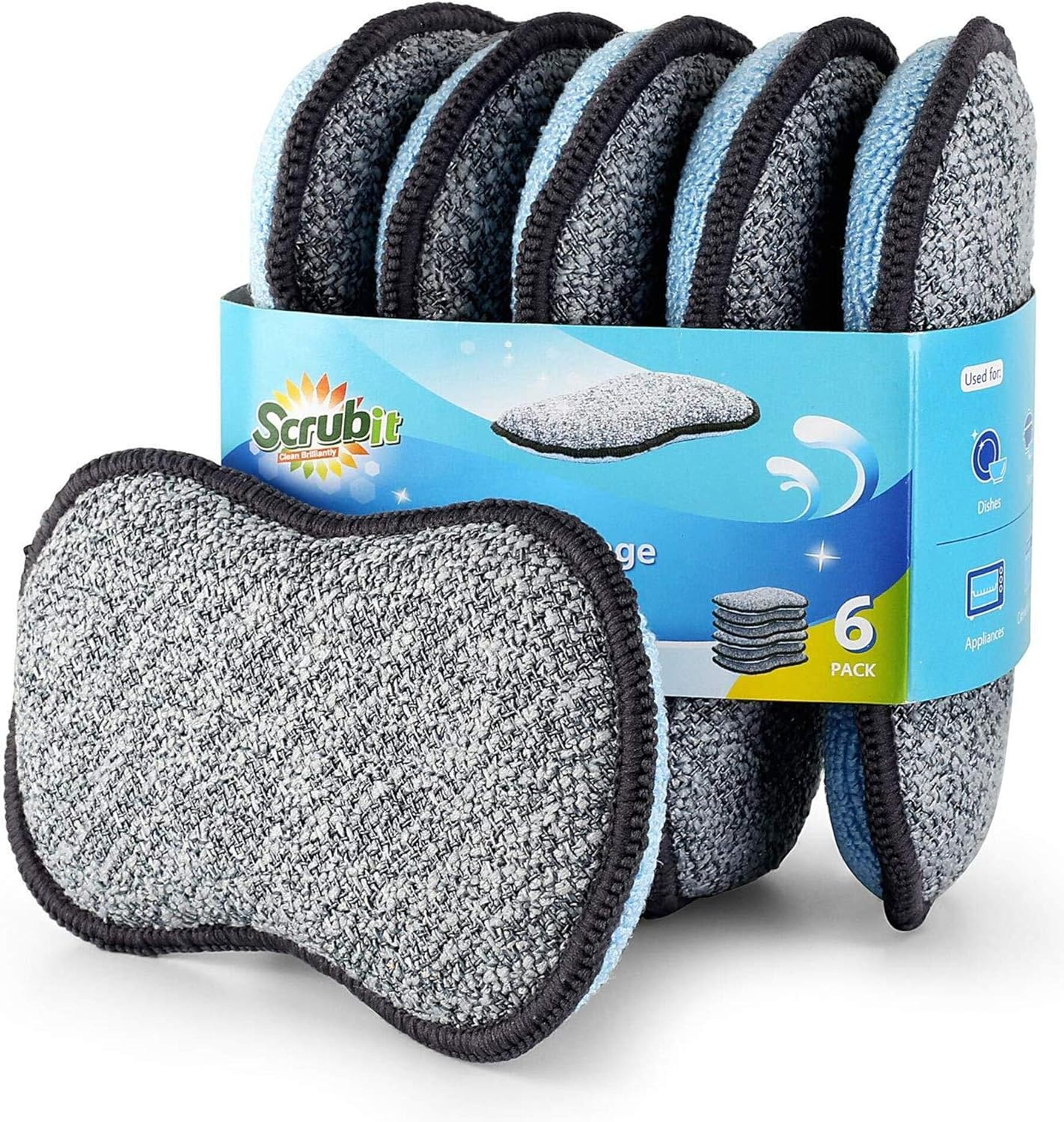 Multi-Purpose Scrub Sponges for Kitchen by Scrub- it - Non-Scratch Microfiber Sponge Along with Heavy Duty Scouring Power - Effortless Cleaning of Dishes, Pots and Pans All at Once (6 Pack, Small)