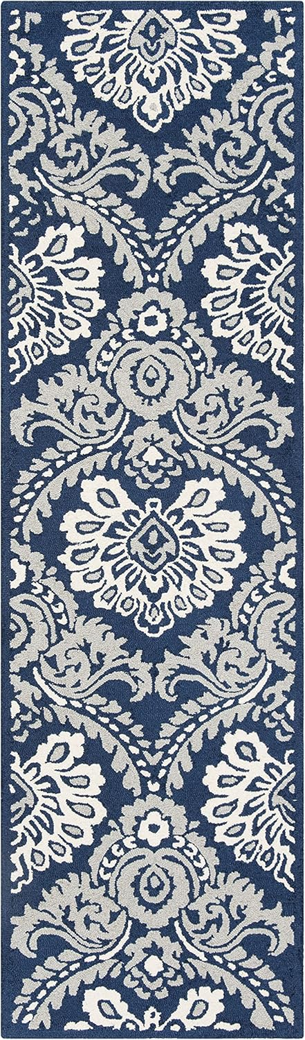 SAFAVIEH Blossom Travis Damask Wool Runner Rug, Navy/Ivory, 2'3" x 8'