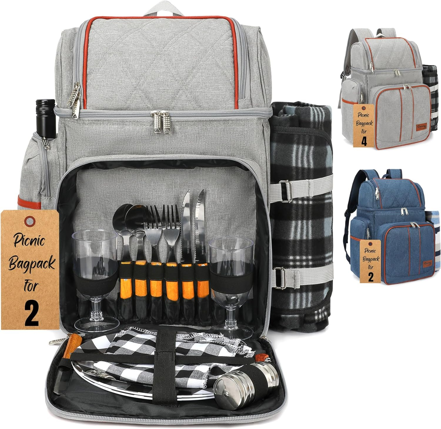 Gray Insulated Picnic Backpack with Blanket and Cutlery Set